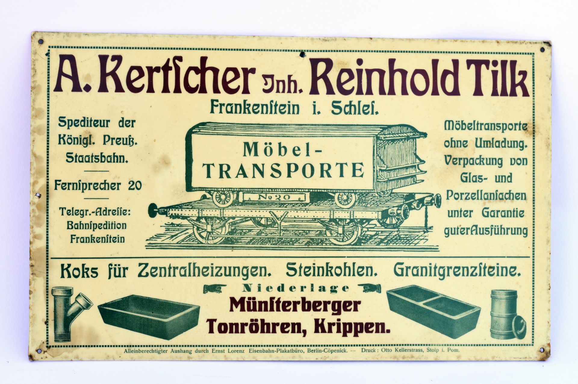 O. Kellerstrass, enamel sign "Möbeltransporte", 29 x 18 cm, min. paint d., otherwise good