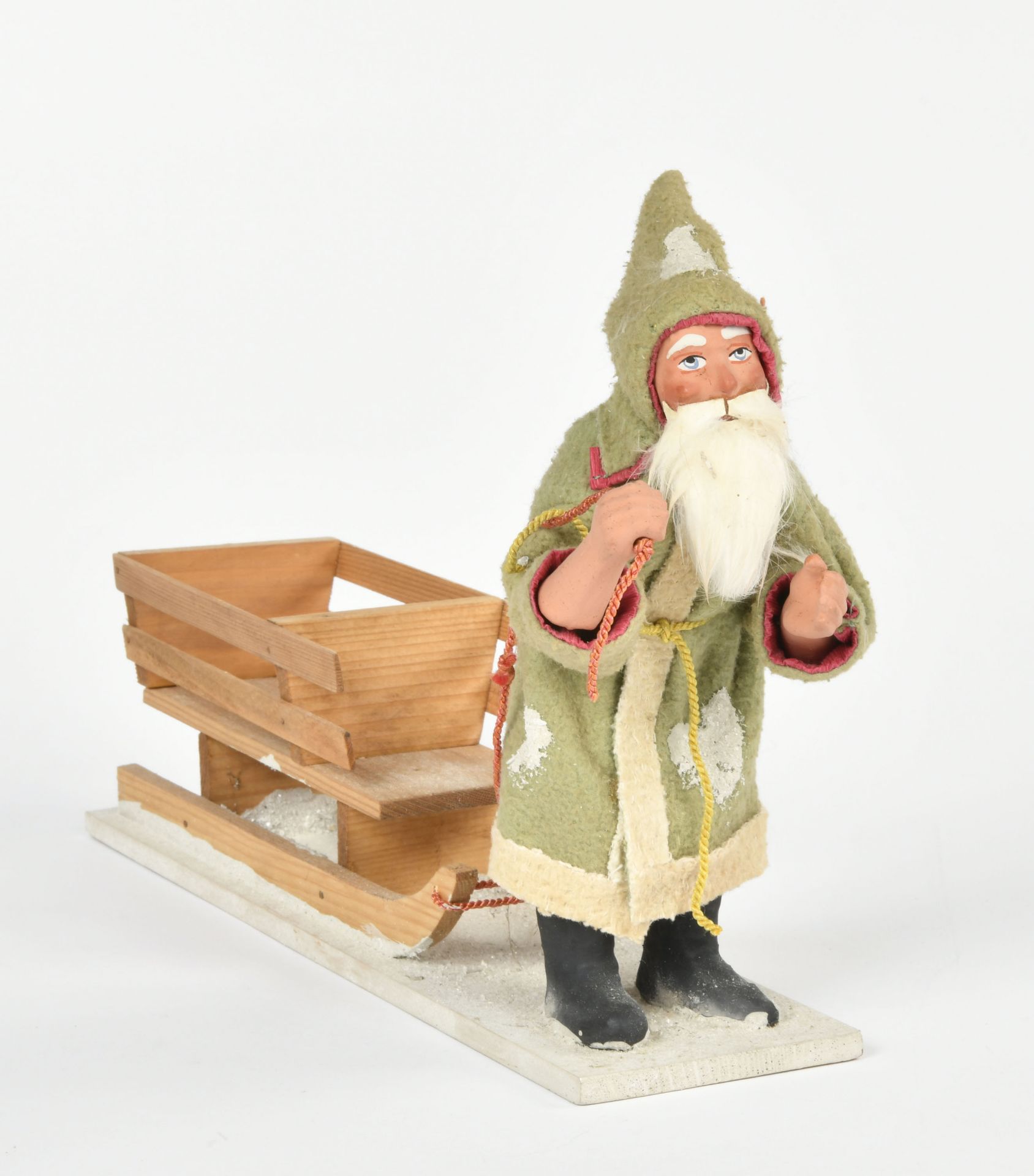 Erzgebirge, Santa Claus with sledge, 32 cm, wood + paper machee, min. paint d., C 1