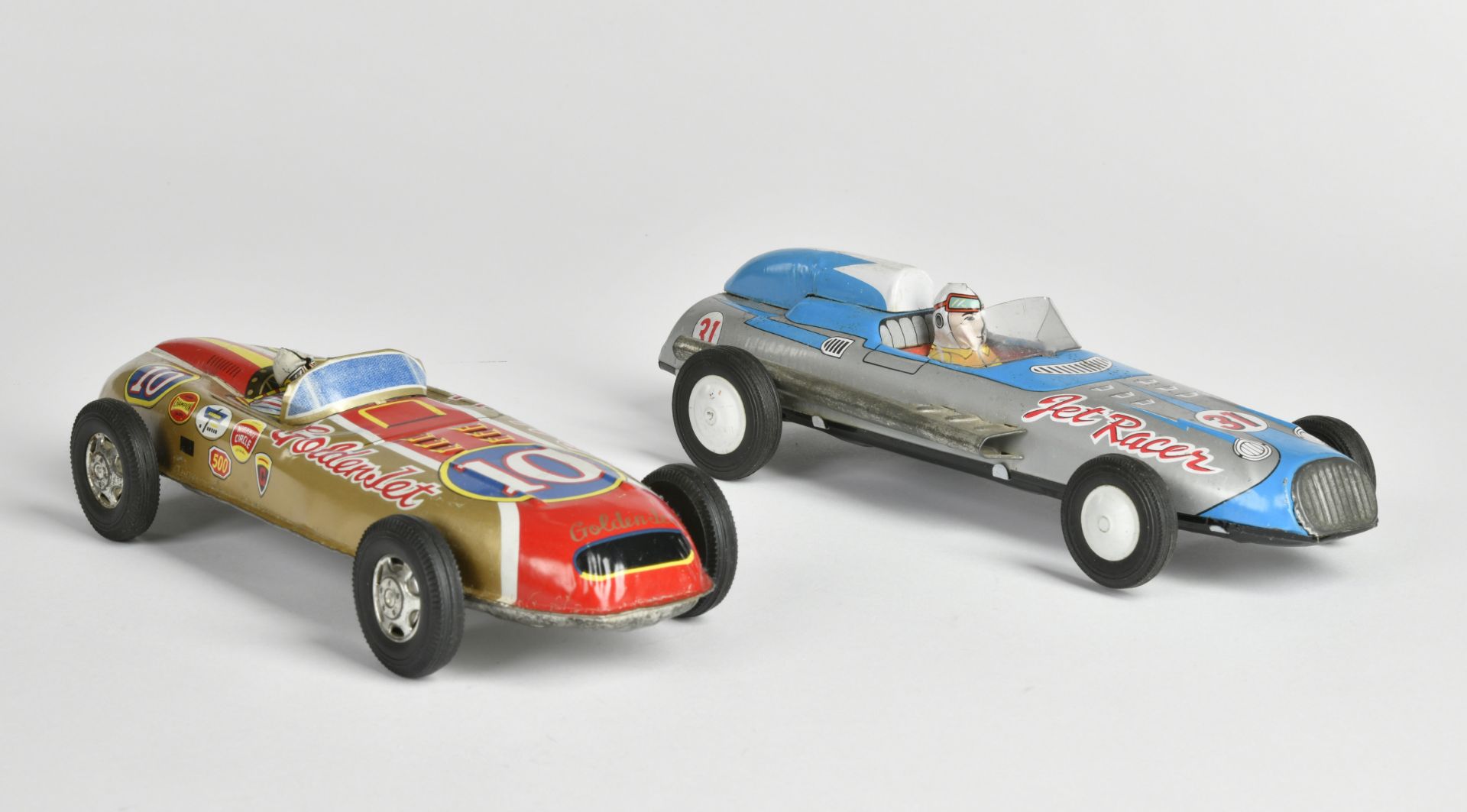 2 racing cars, Japan, tin, 25cm, paint d., rust d., C 3