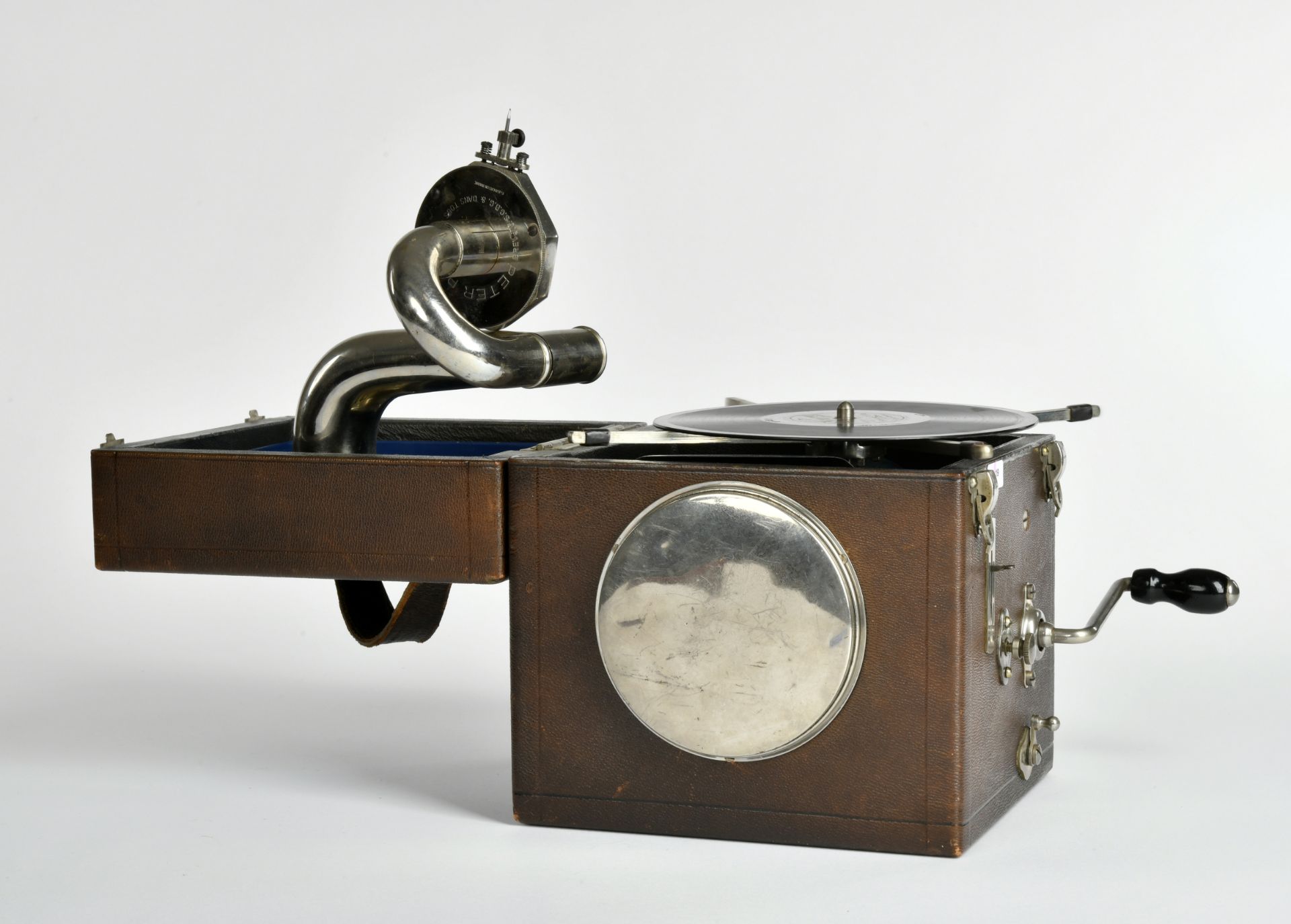 Gramophone, "Peter Pan" with clock (wake-up function) before 1930, France, 16x17x14cm, drive ok,