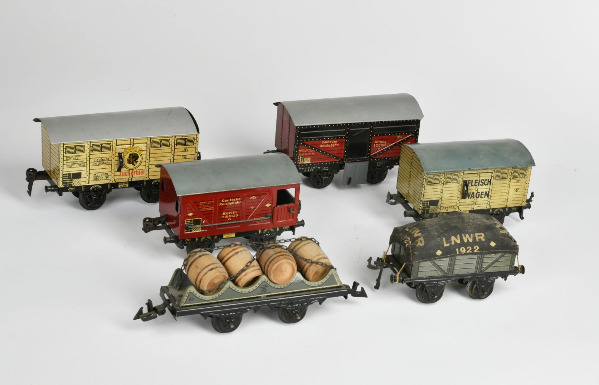 Bing, 6 freight wagons, Germany pw, Spur 0, tin, part. paint d., C 1-3