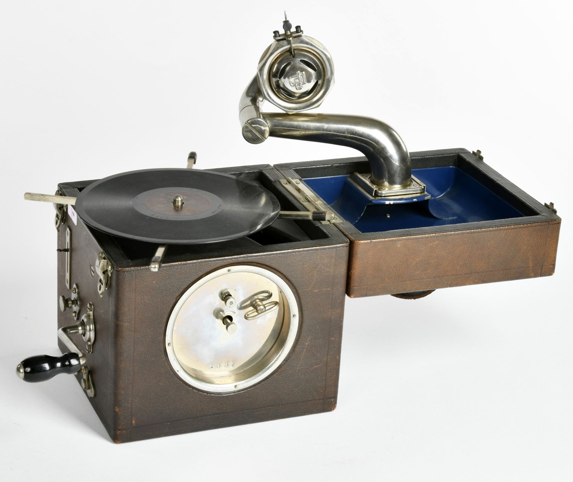 Gramophone, "Peter Pan" with clock (wake-up function) before 1930, France, 16x17x14cm, drive ok, - Image 6 of 6