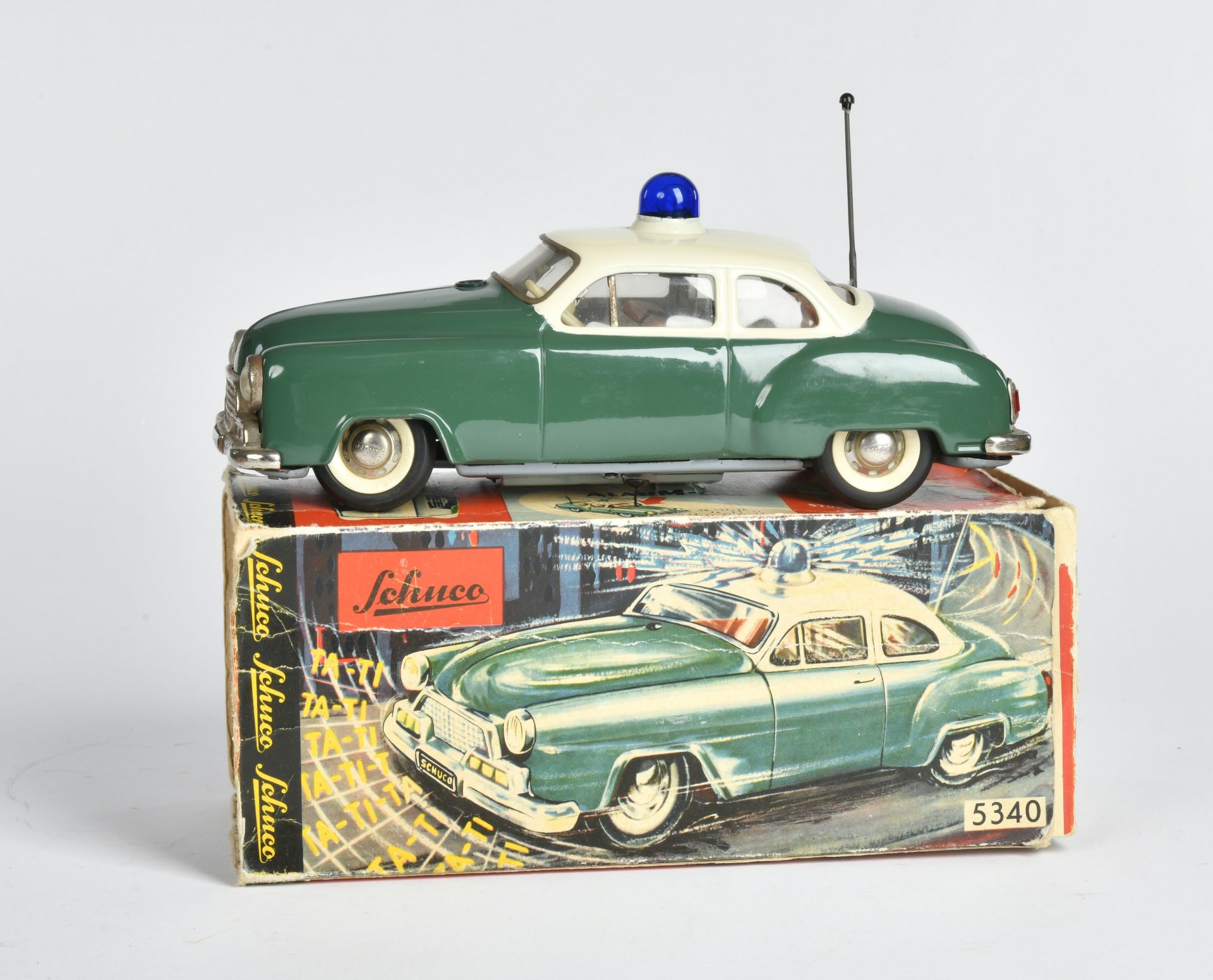 Schuco, Alarm Car, W.-Germany, 21 cm, tin, bat. drive ok, box 3 flaps missing, C 1-