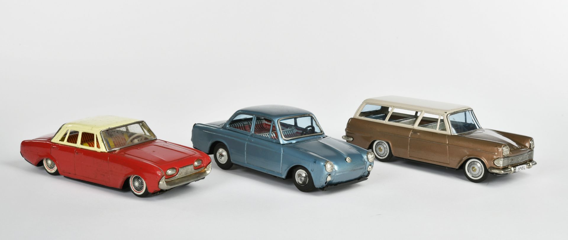 Bandai a.o., VW 1500, Opel Record + Ford Taunus, Japan, 20 cm, tin, friction ok, paint d., C 2-3