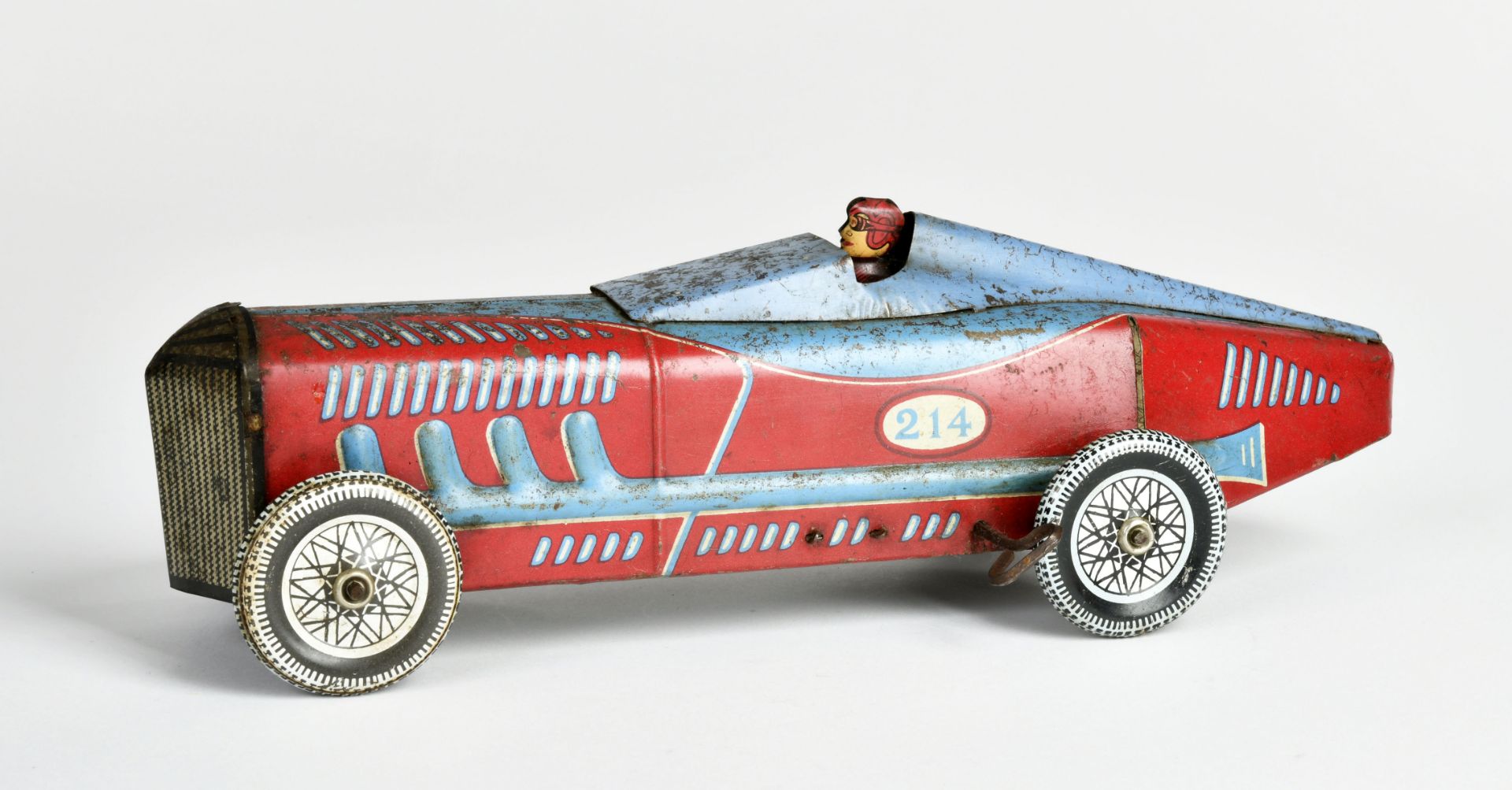 Racing car no 214, tin, 31cm, unmarked, cw defective, paint d., rust d., C 4 - Image 2 of 3