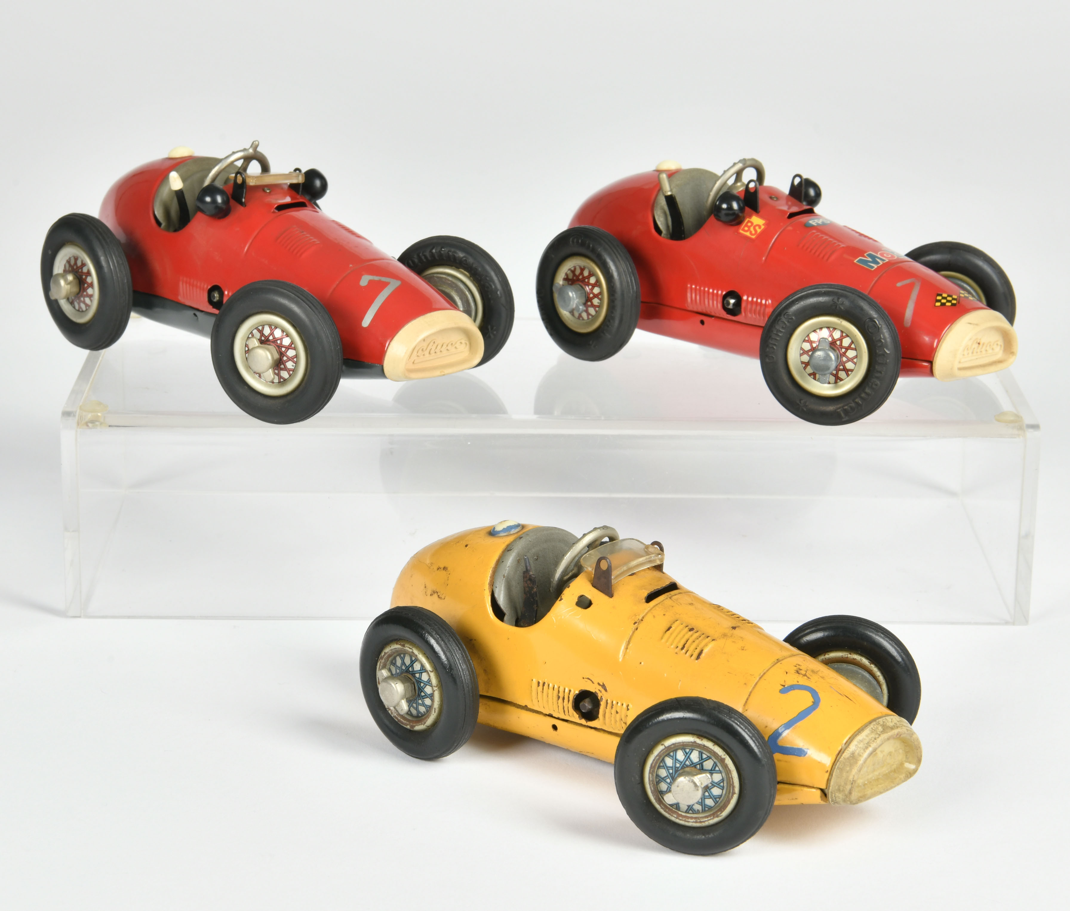 Schuco, 3 Grand Prix Racer, tin, 16 cm, US Zone Germany, paint d., rust, C 2-3