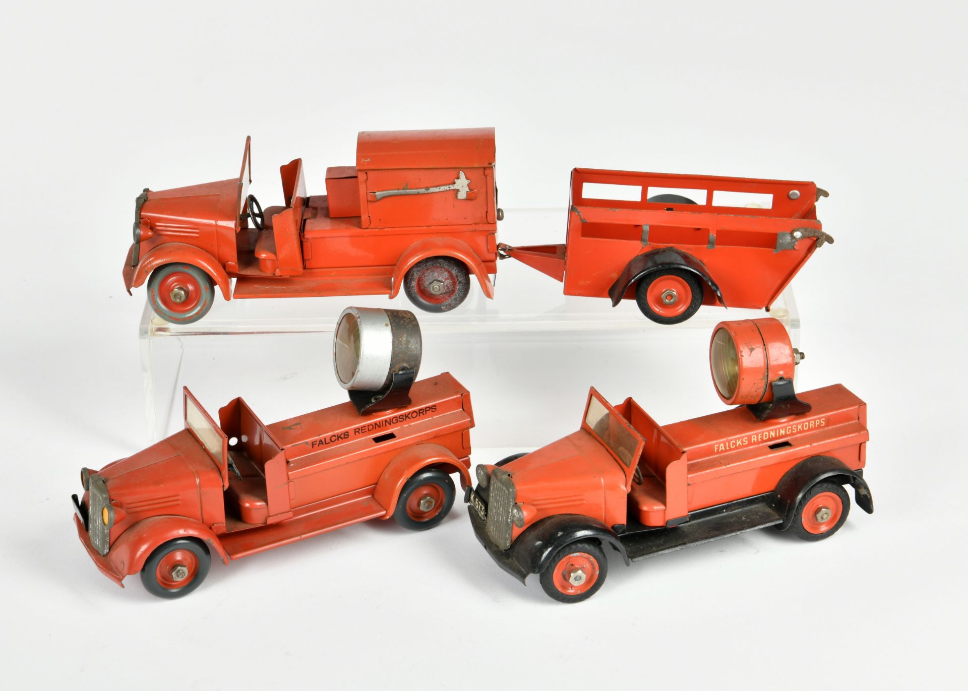 Tekno, 3x fire engine, Denmark, tin, 15-16 cm, paint d.