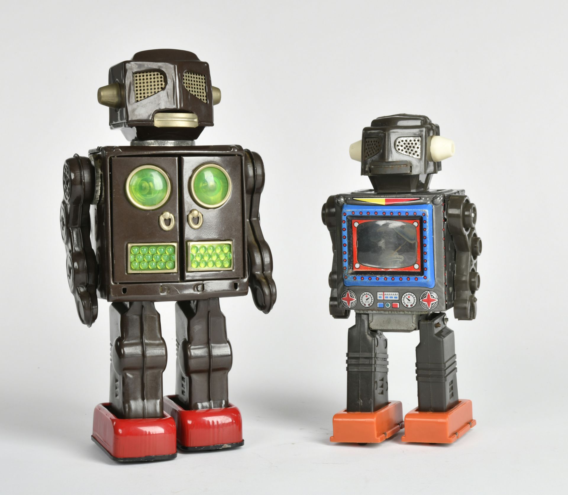 Horikawa, 2 robots, Japan, tin + plastic, 24-9cm, 1x function ok, 1x defective, paint d., C 2