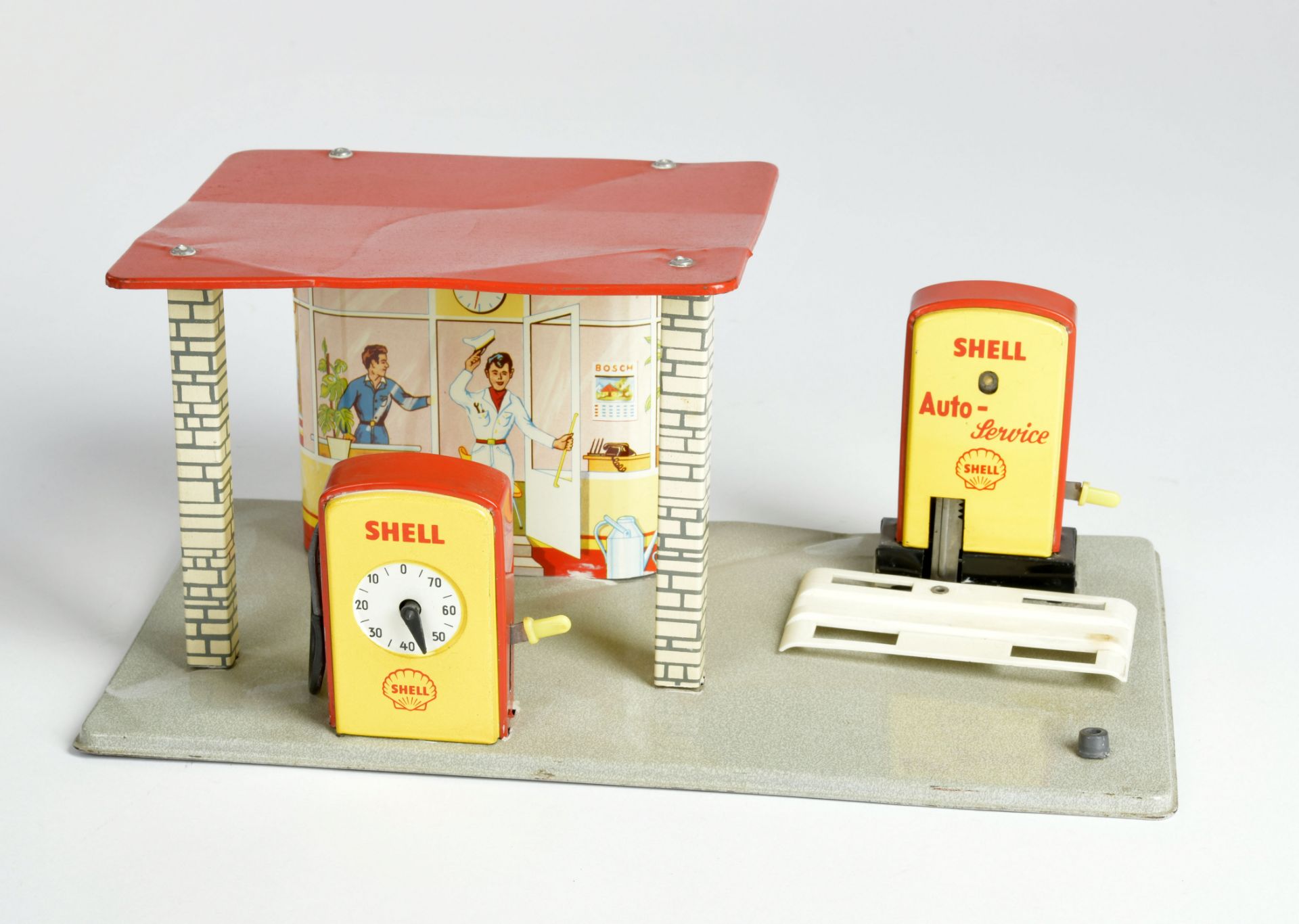 Shell petrol station, W.-Germany, tin, 29x16x14cm, tin part. deformed