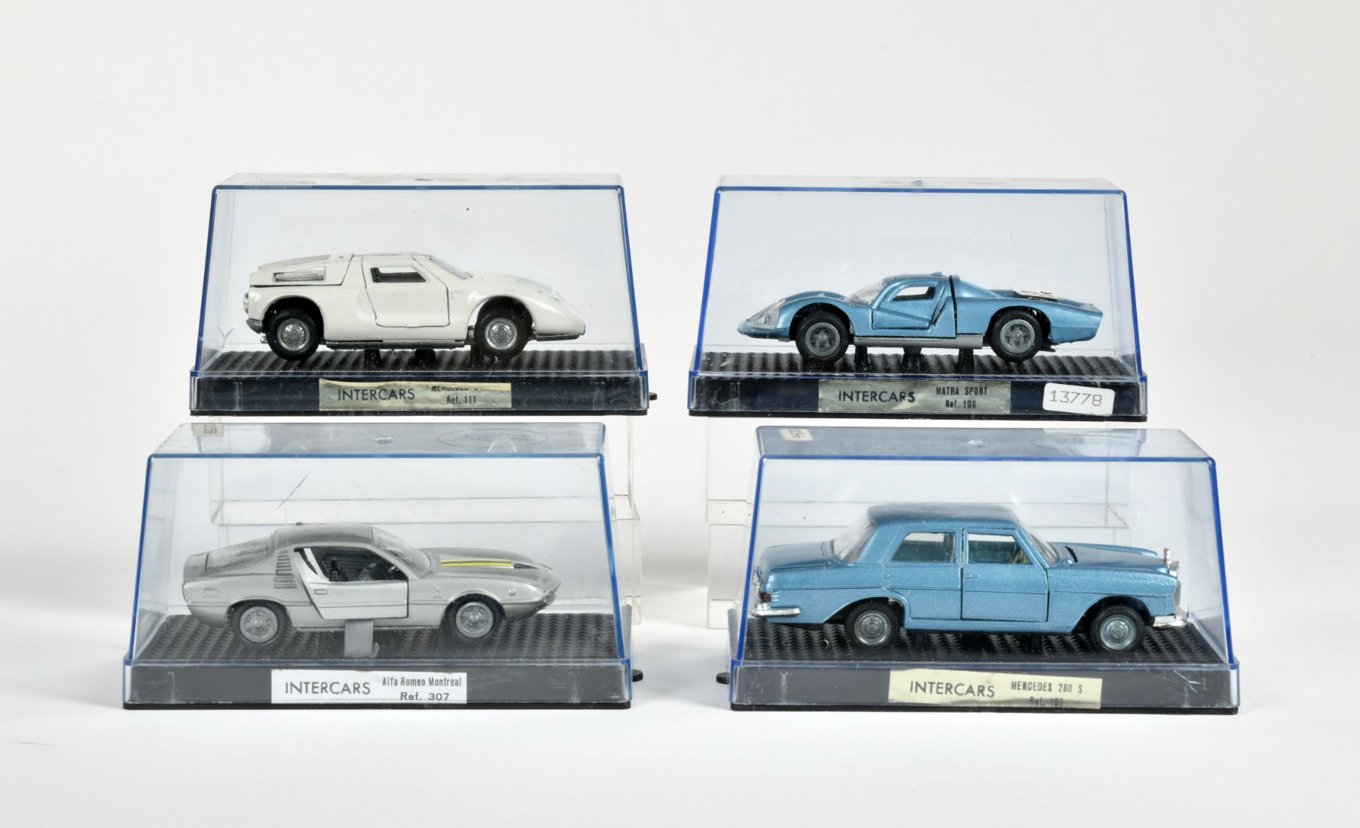 Nacoral, 4 model cars: Matra Sport, C 111, Alfa Montreal, Mercedes 280 S, Spain, 1:43, diecast,