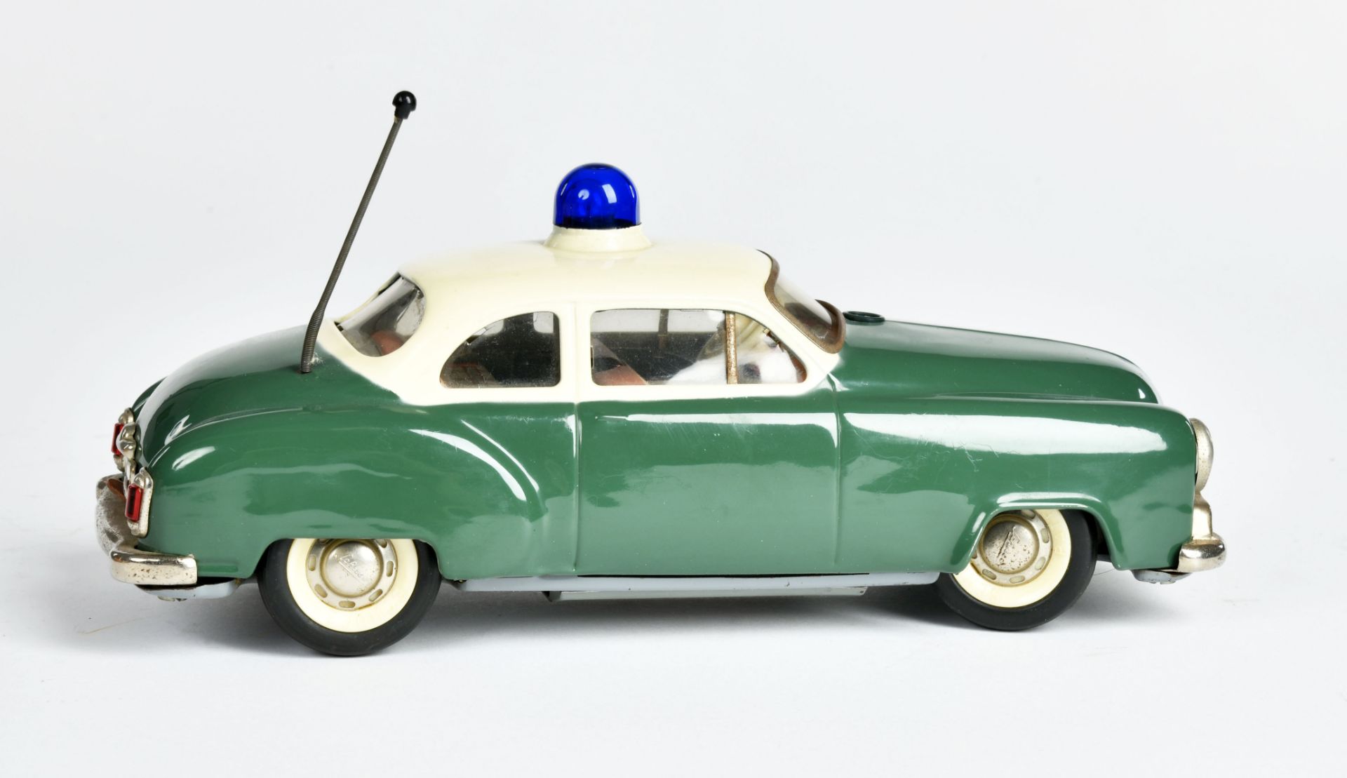 Schuco, Alarm Car, W.-Germany, 21 cm, tin, bat. drive ok, box 3 flaps missing, C 1- - Image 2 of 3