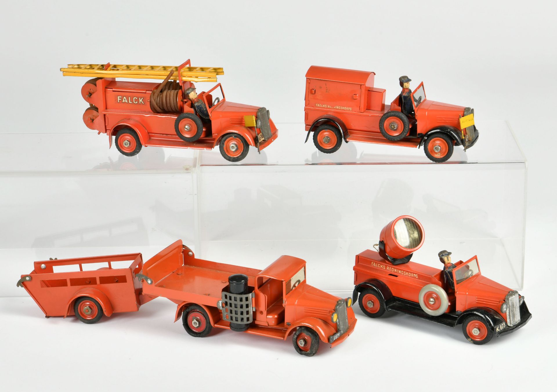 Tekno, 4 x fire engine, Denmark, tin, 16-19cm, part. not complete, paint d., C 2-3