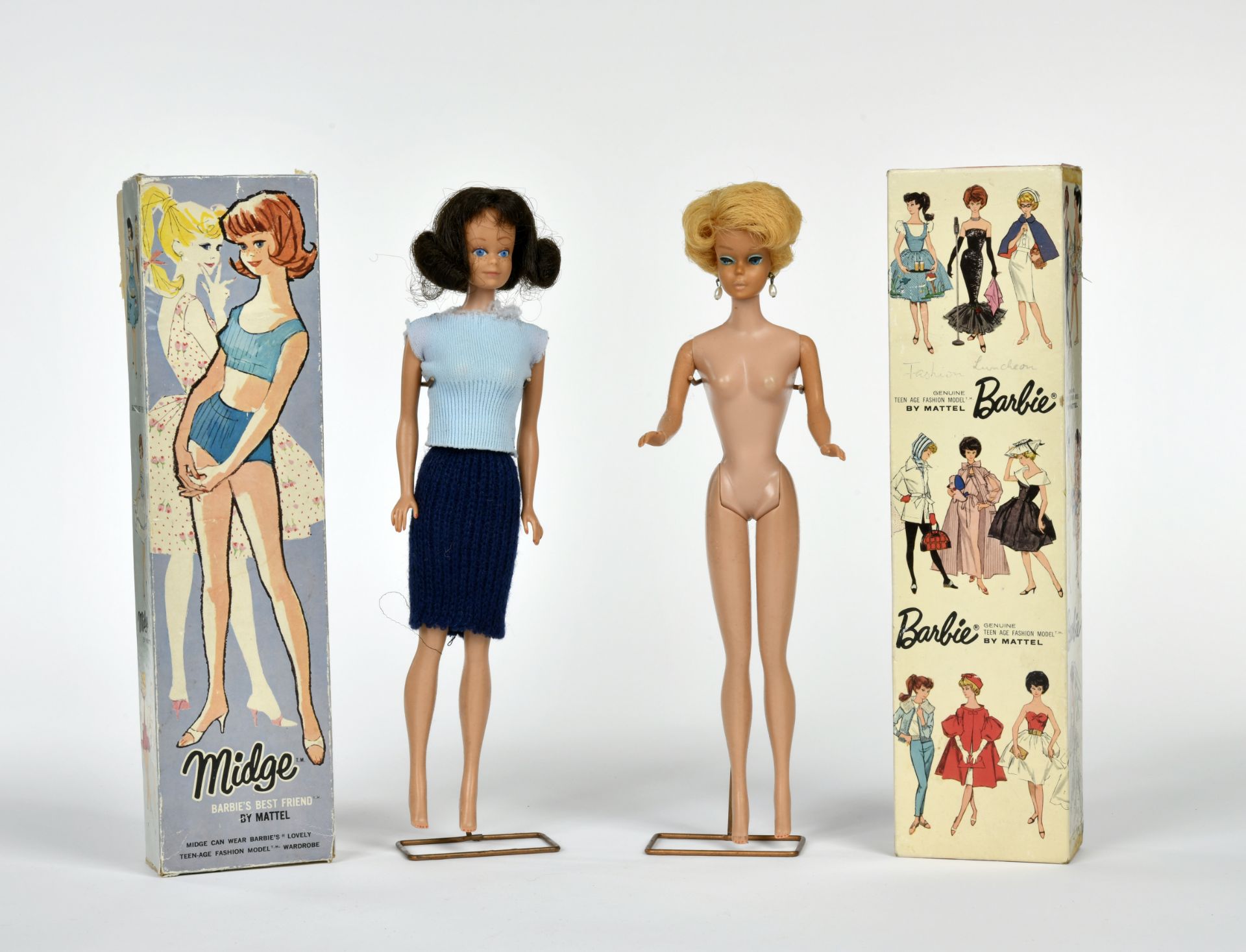 Barbie + Midge, 2 Dolls, 60s, 1x without clothes, traces of age, boxed, C 2-3