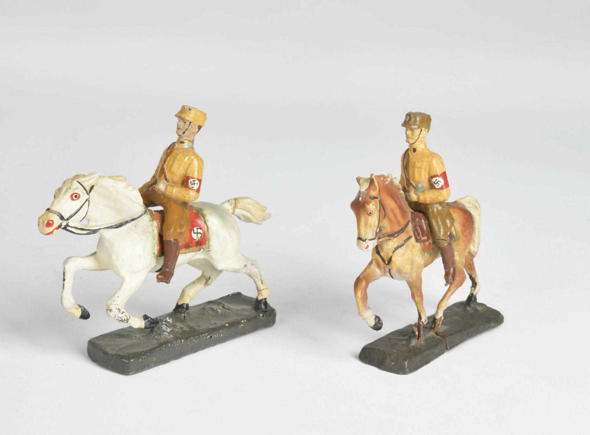 Elastolin, 2 SA Horseman, Germany pw, composite, min. paint d., white horse part. refinished, C 2