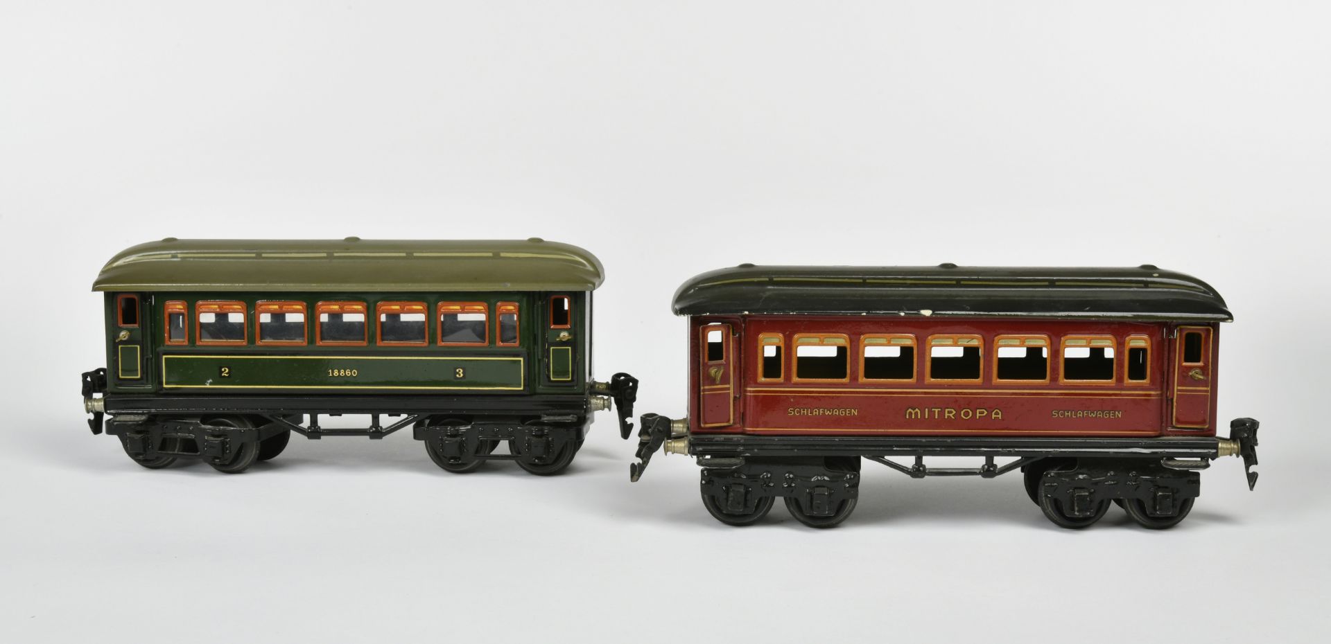 Märklin, Mitropa sleeping car + passenger car 18860, Germany pw, gauge 0, tin, min. paint d., C 2+/