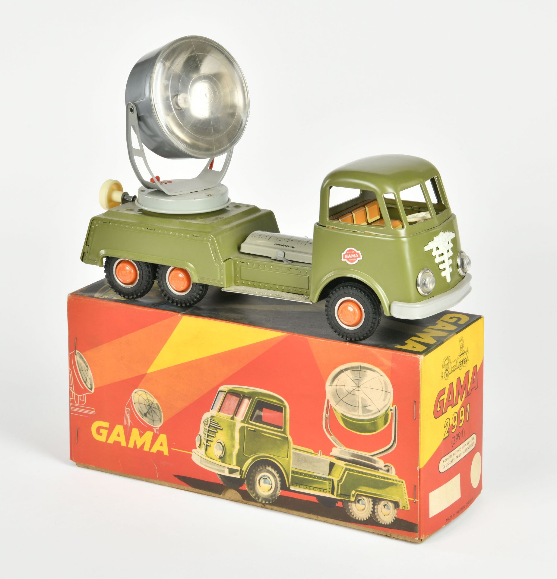 Gama, Flood Light Truck, W.-Germany, tin, friction ok, box C 1-, C 1