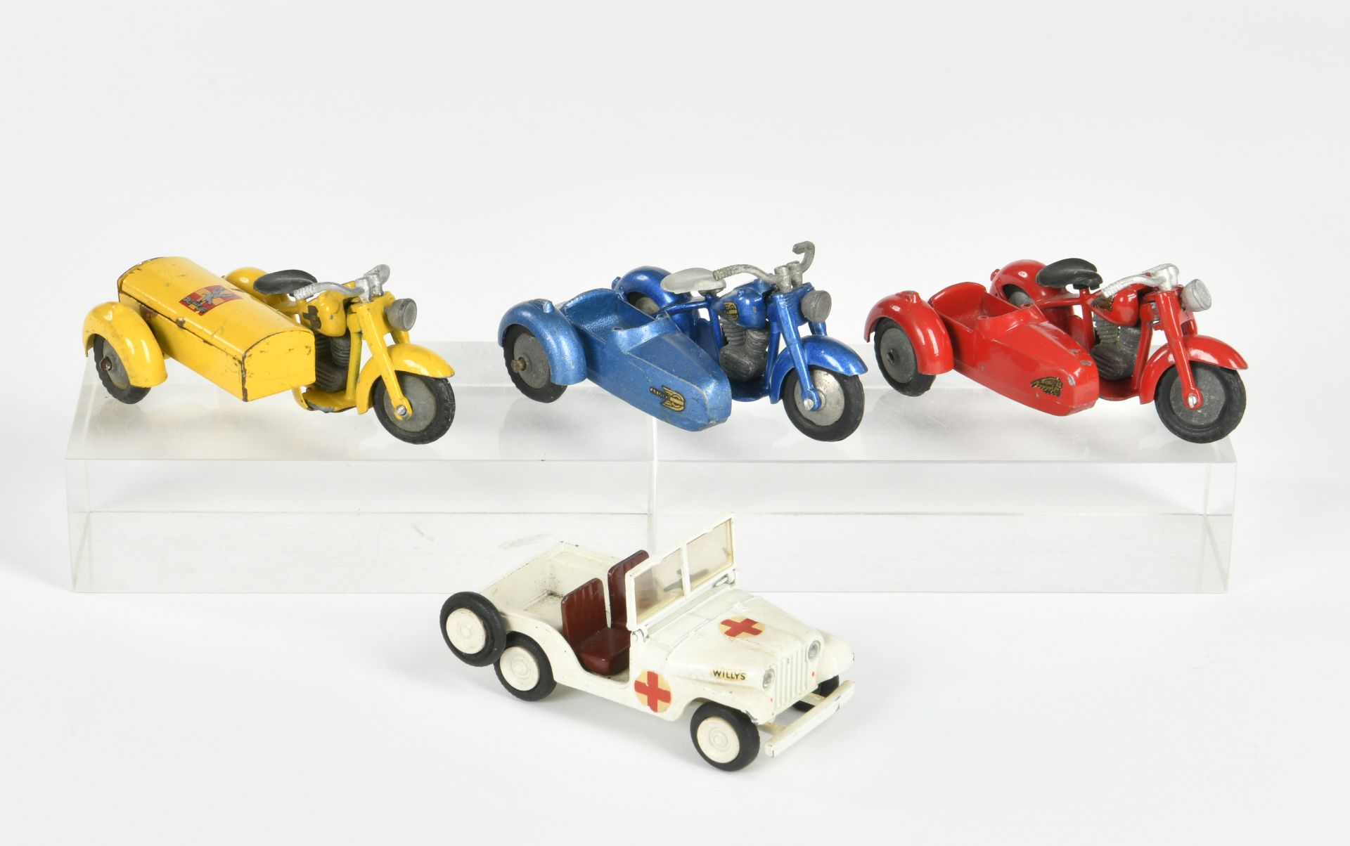 Tekno, Jeep + 3 pillon motorcycles, Denmark, diecast, paint d., C 2-3