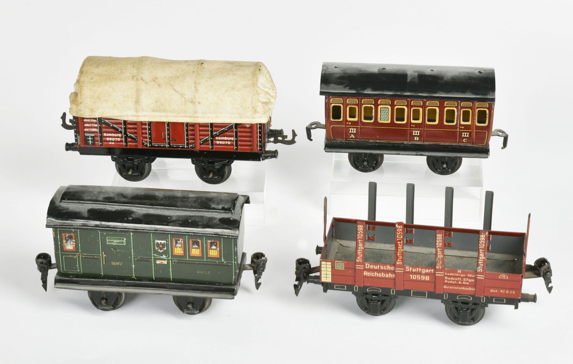 Märklin, 2 passenger cars + 2 freight wagons, Germany pw, gauge 0, tin, paint d., C 2 - Image 2 of 3