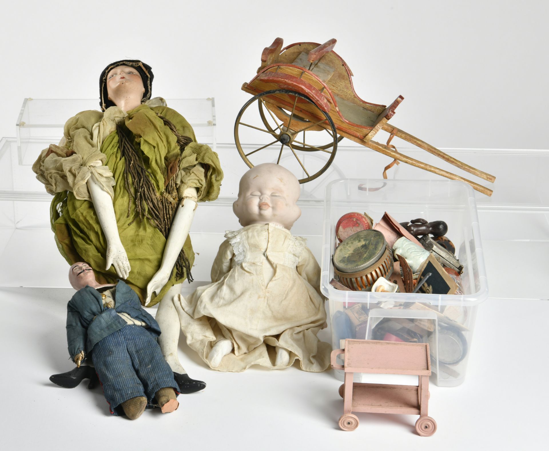 Antique dolls & doll house accessories, treasure trove, please inspect