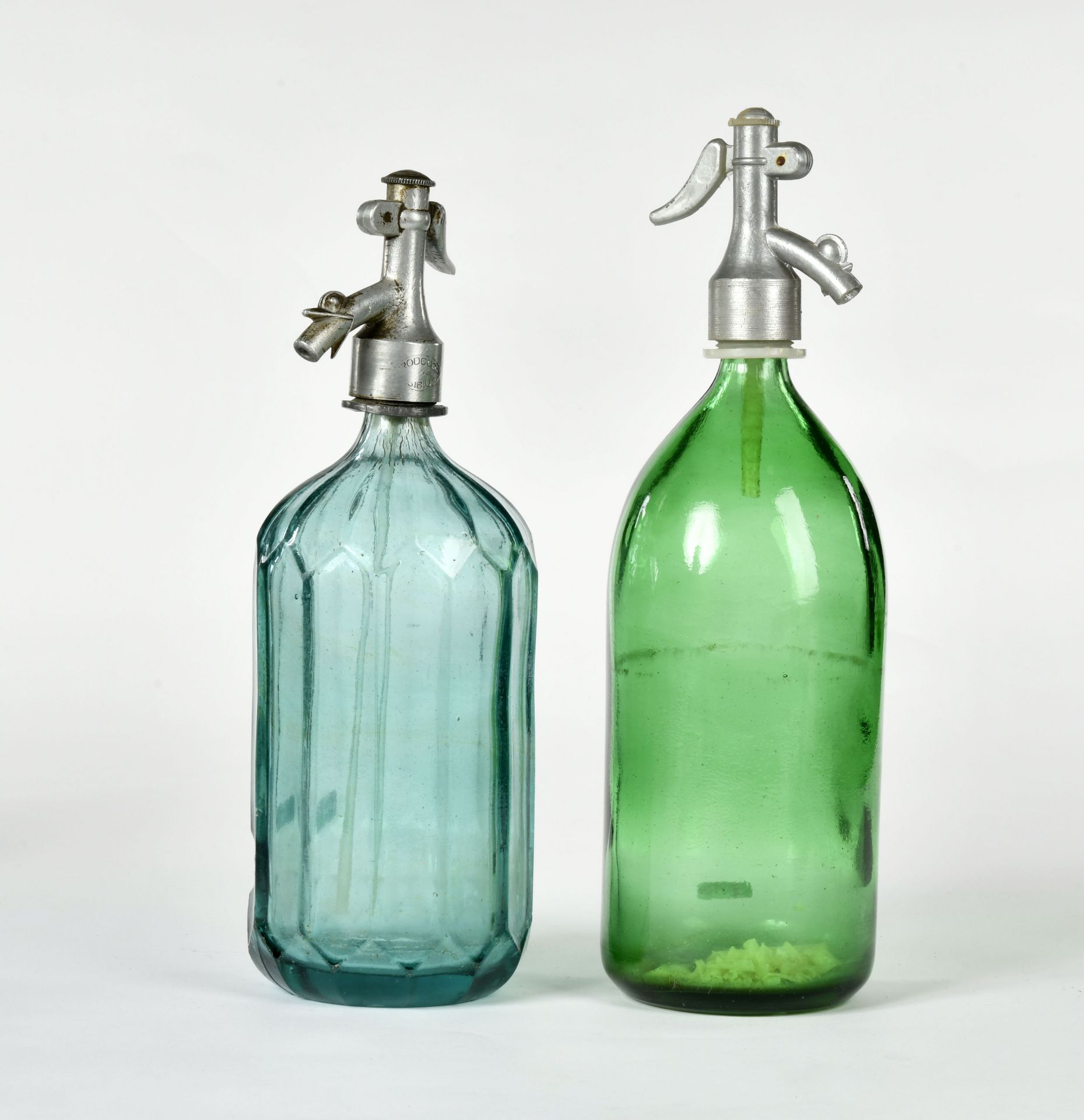 2 x Soda Siphon bottles, 31-34 cm, around 1930, min. traces of age