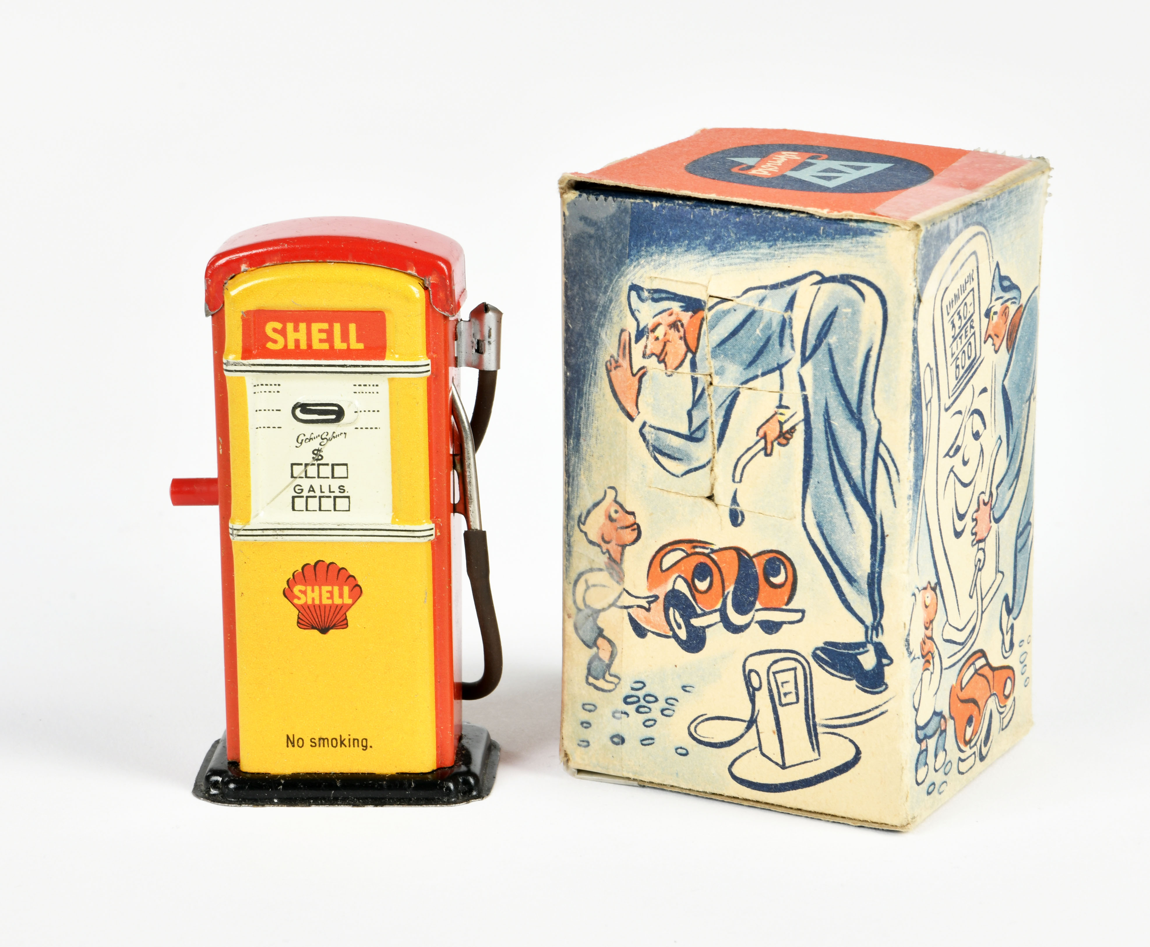 Arnold, Shell gas pump, 8,5 cm, tin, min. paint d., box damaged, C 1- - Image 2 of 2
