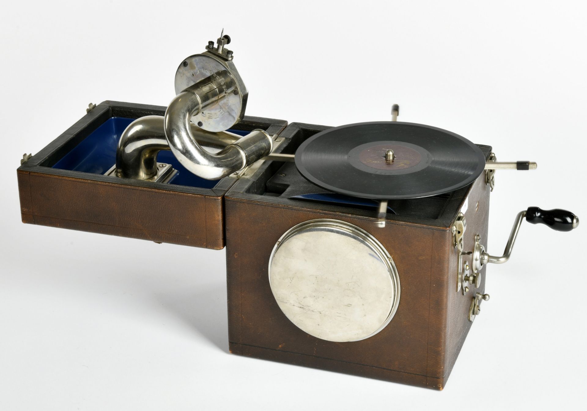 Gramophone, "Peter Pan" with clock (wake-up function) before 1930, France, 16x17x14cm, drive ok, - Image 4 of 6