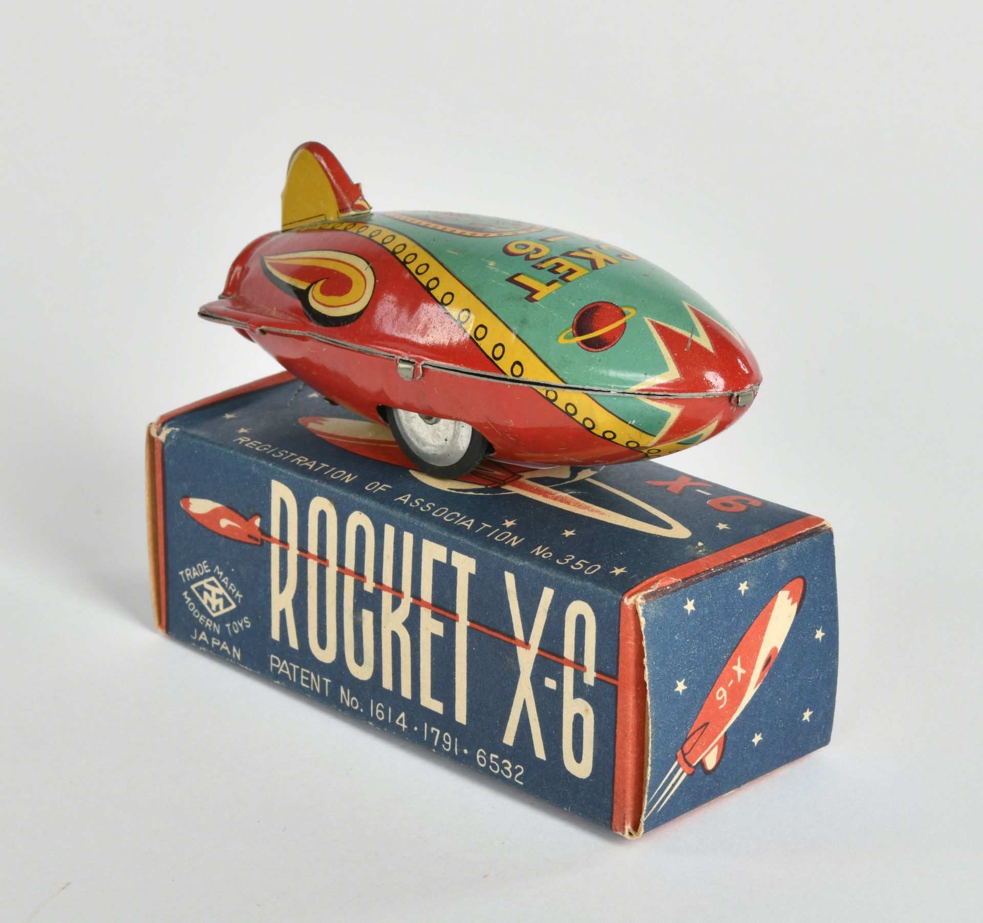 Modern Toys, X-6 Rocket, Japan, 10 cm, tin, friction ok, box C 1, C 1-