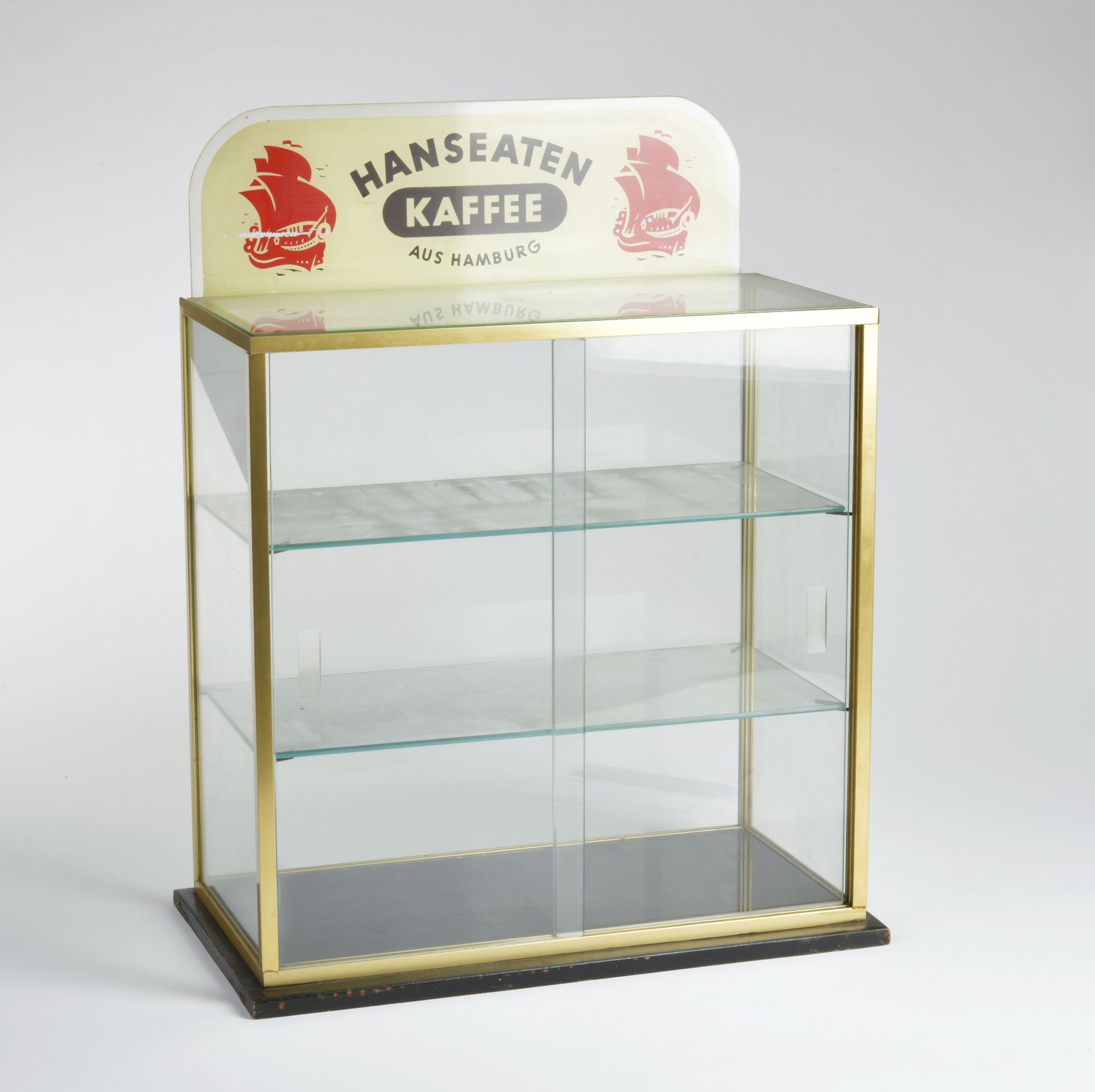 Hanseaten Kaffee, showcase, 54 x 22 x 23 cm, glass/brass/wooden floor, no shipping