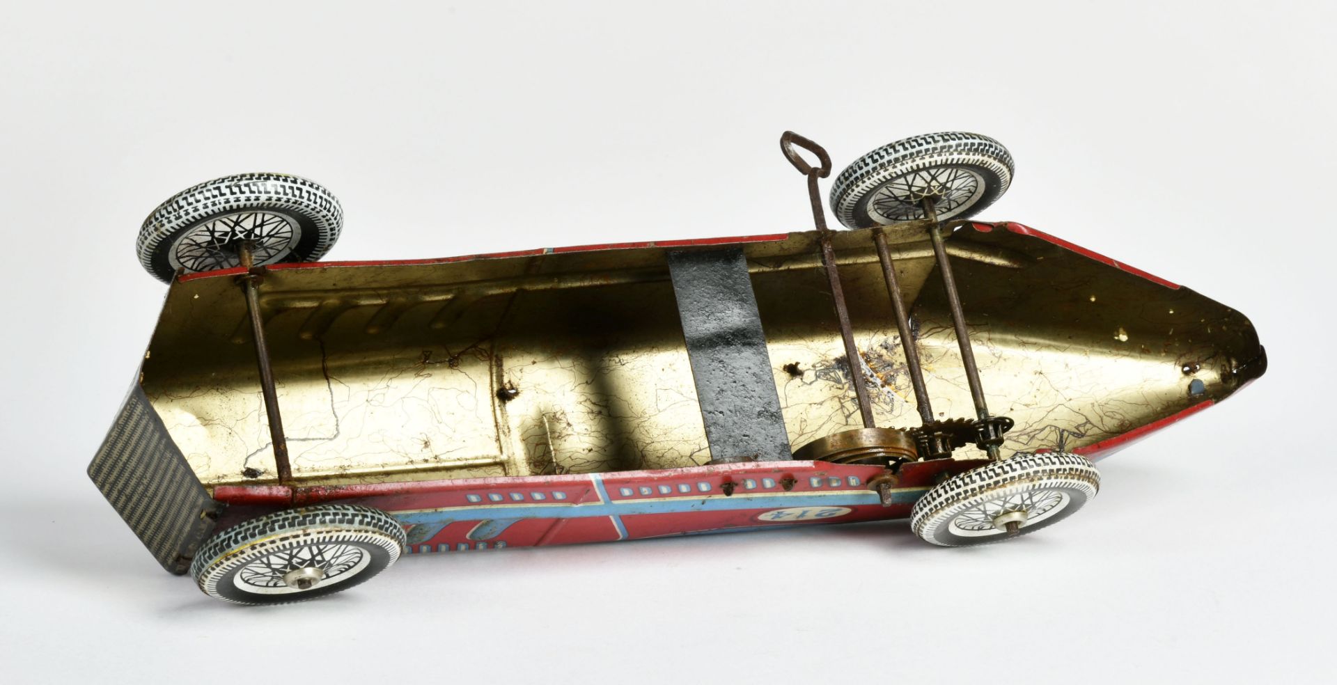 Racing car no 214, tin, 31cm, unmarked, cw defective, paint d., rust d., C 4 - Image 3 of 3