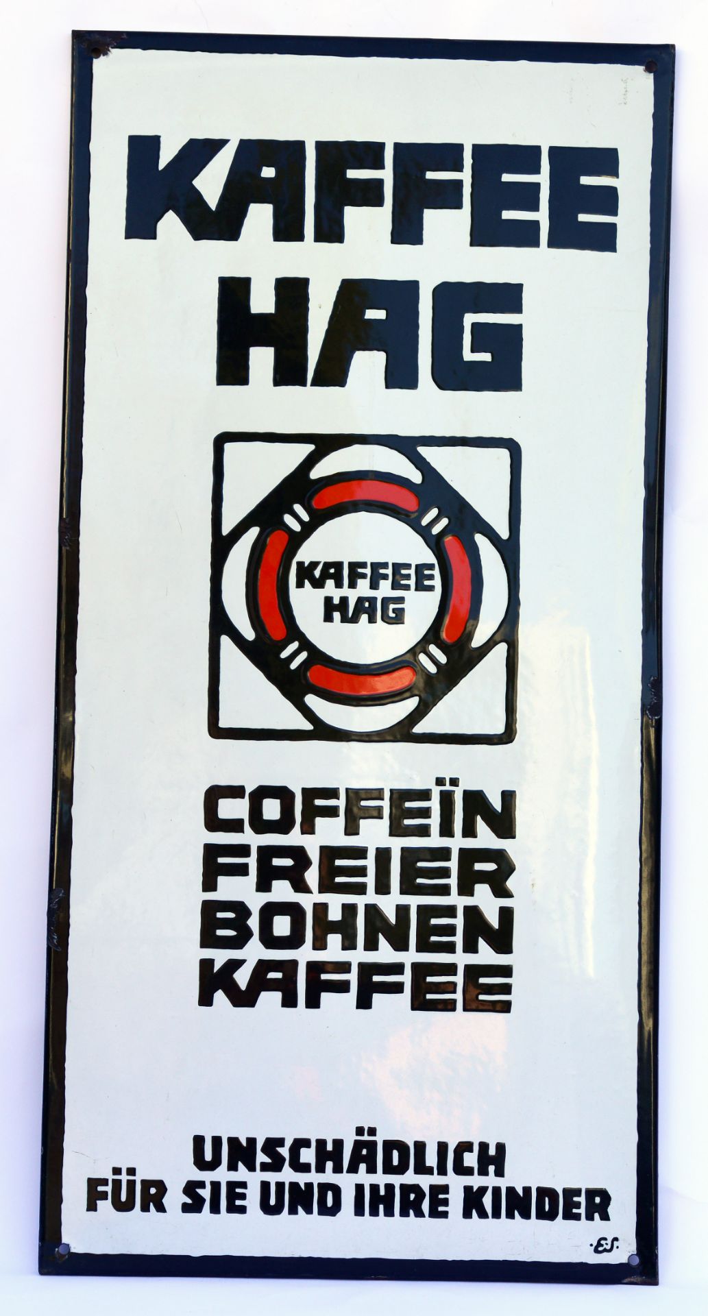 Kaffee Hag, enamel sign (flat, bevelled), 48 x 97 cm, some defects on the edges, otherwise very