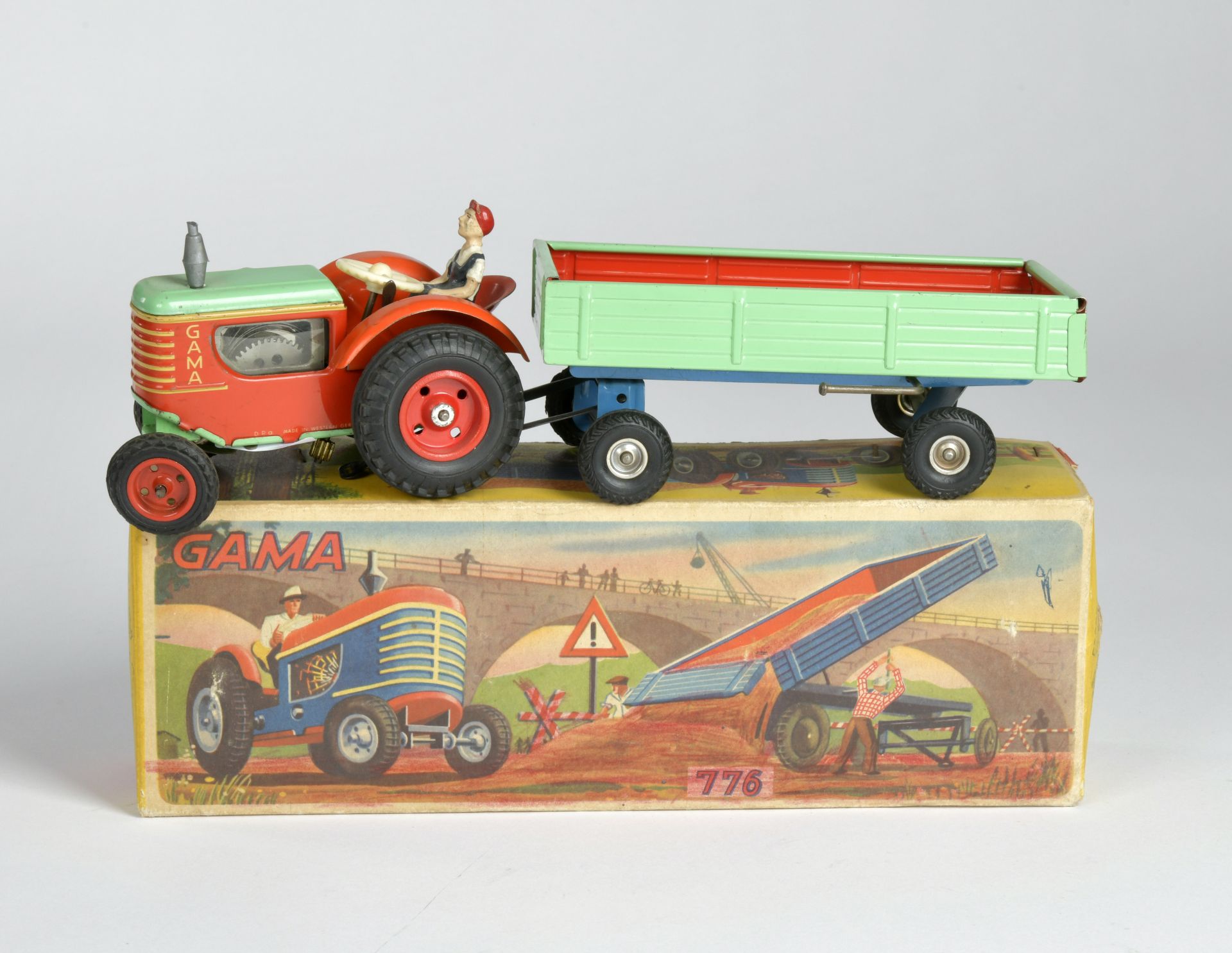 Gama, tractor and trailer, W.-Germany, tin, cw ok, min. paint d., box C 2, C 1-2