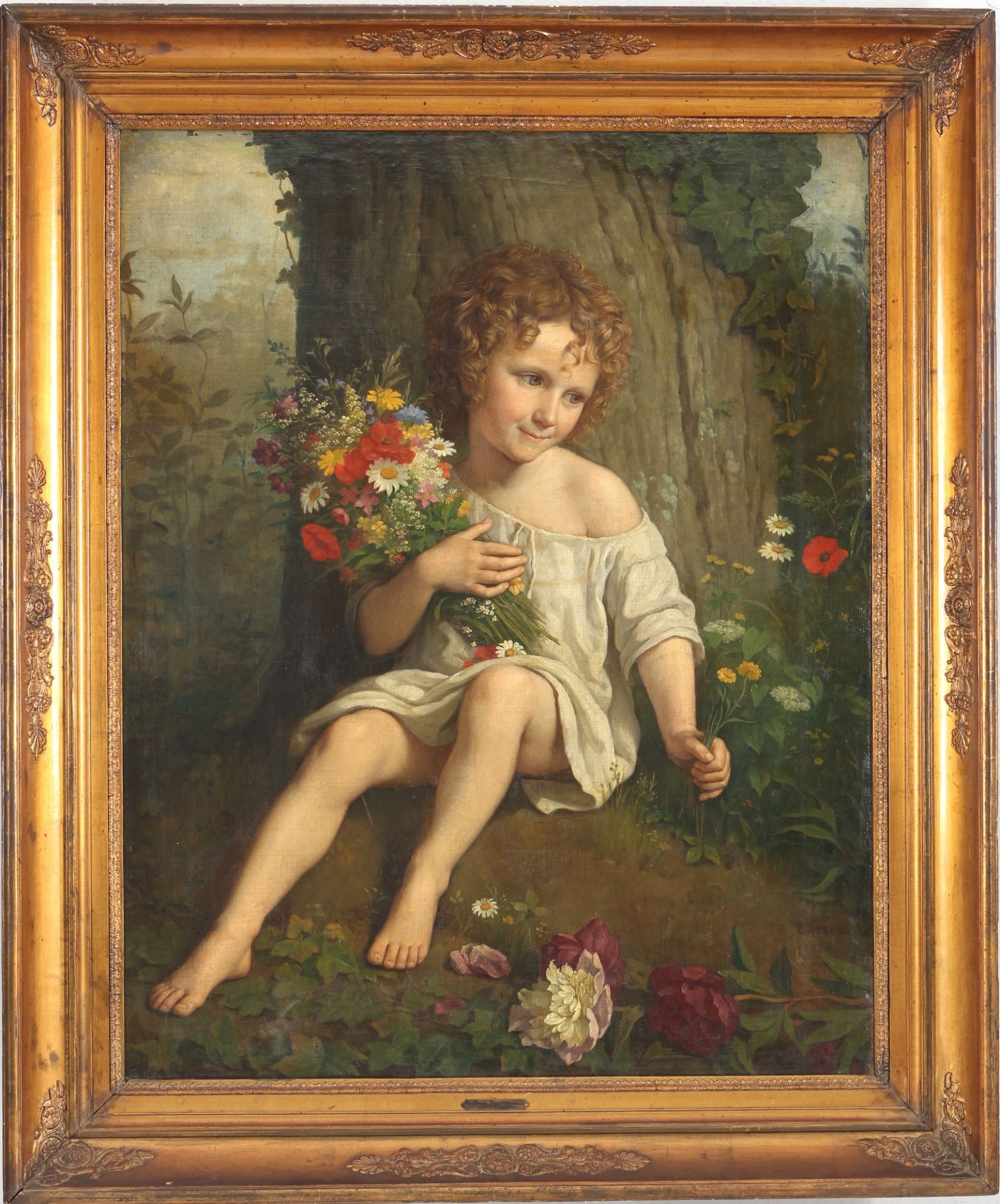 Bruno Joseph Cherier (1819-1880) Kinderportrait Mädchen mit Blumenstrauß, girl with flower bouquet, - Bild 2 aus 4
