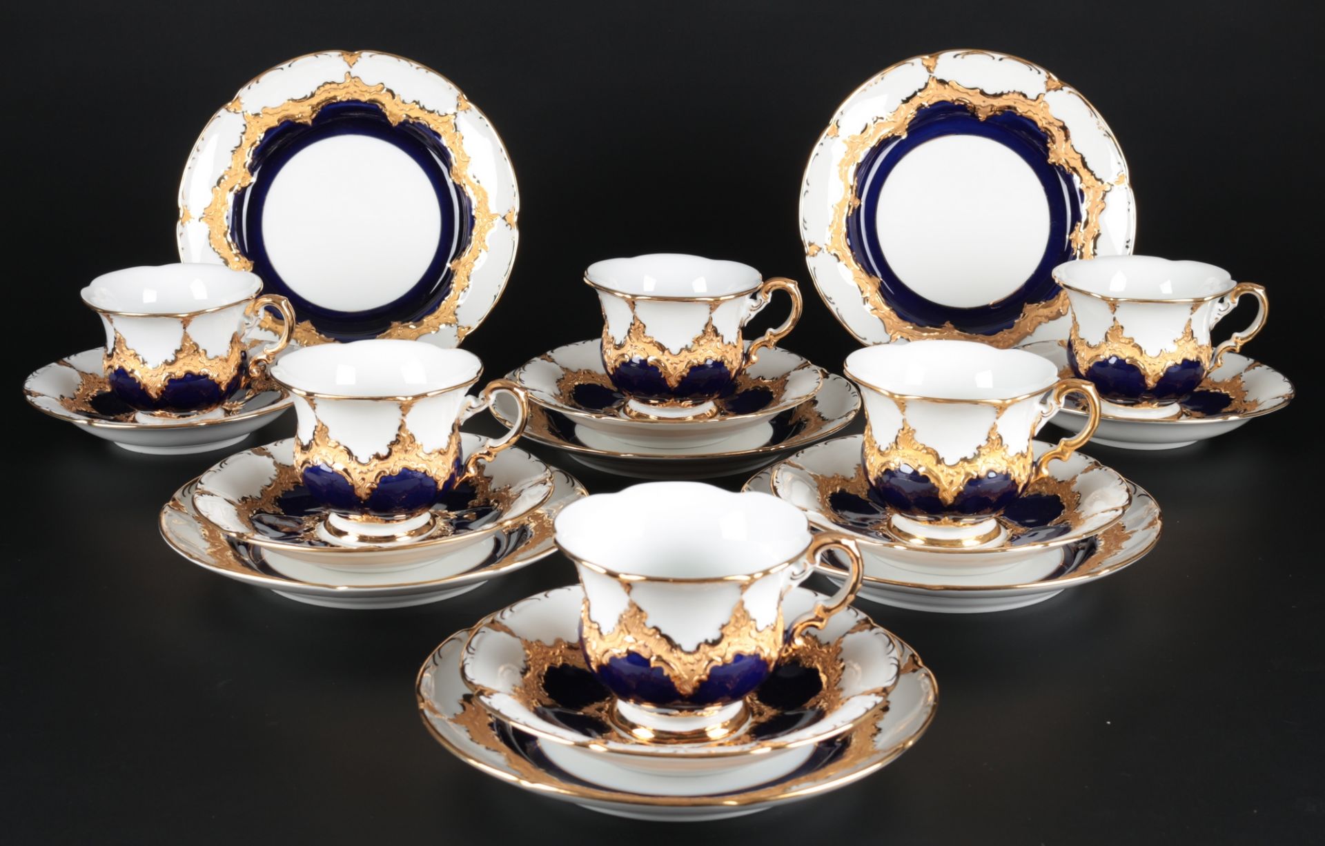 Meissen B-Form kobaltblau 6 Kaffeegedecke, 6 coffee cups with plates
