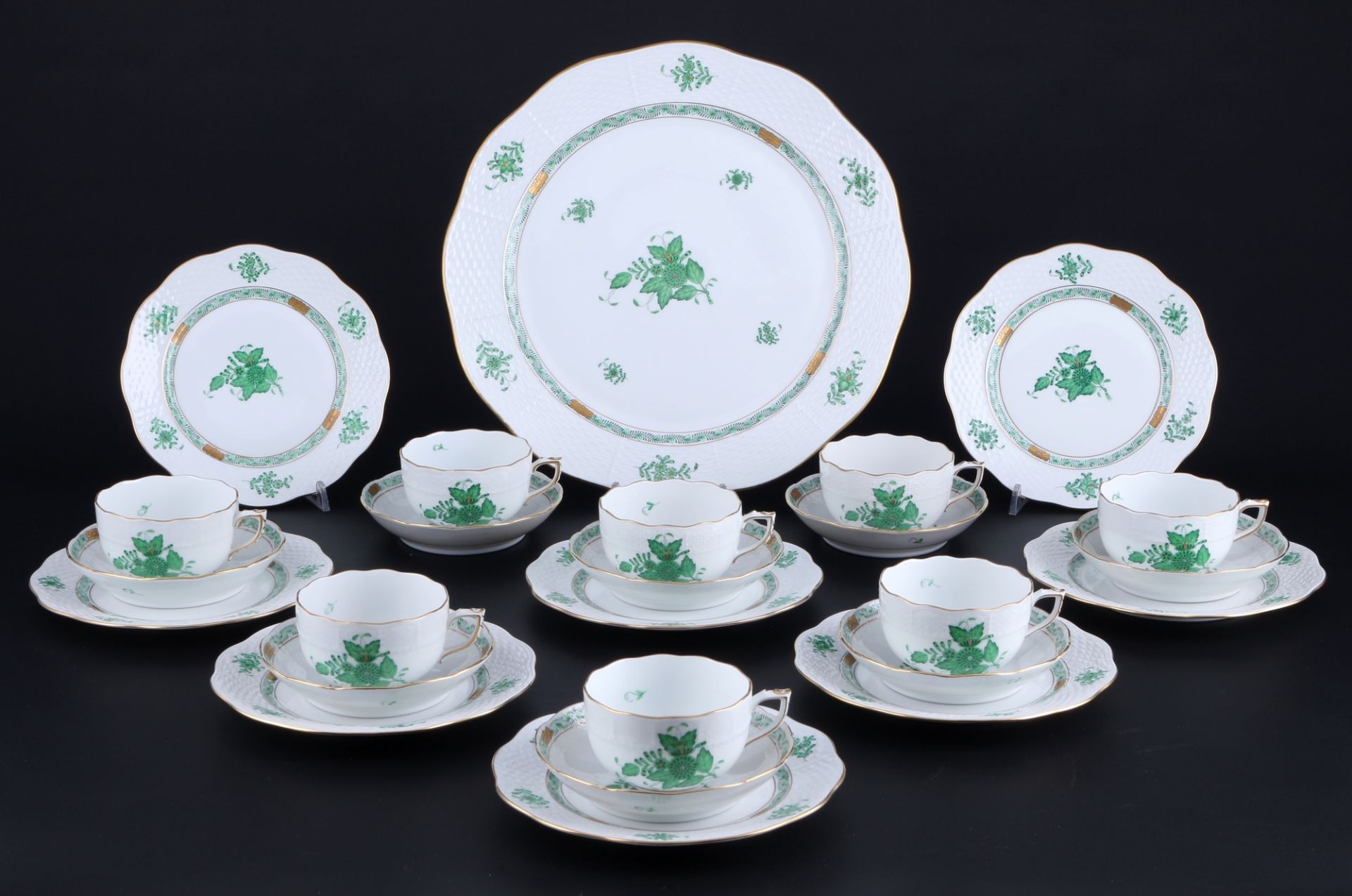 Herend Apponyi Vert 8 Teegedecke mit Tortenplatte, tea cups with cake dish,