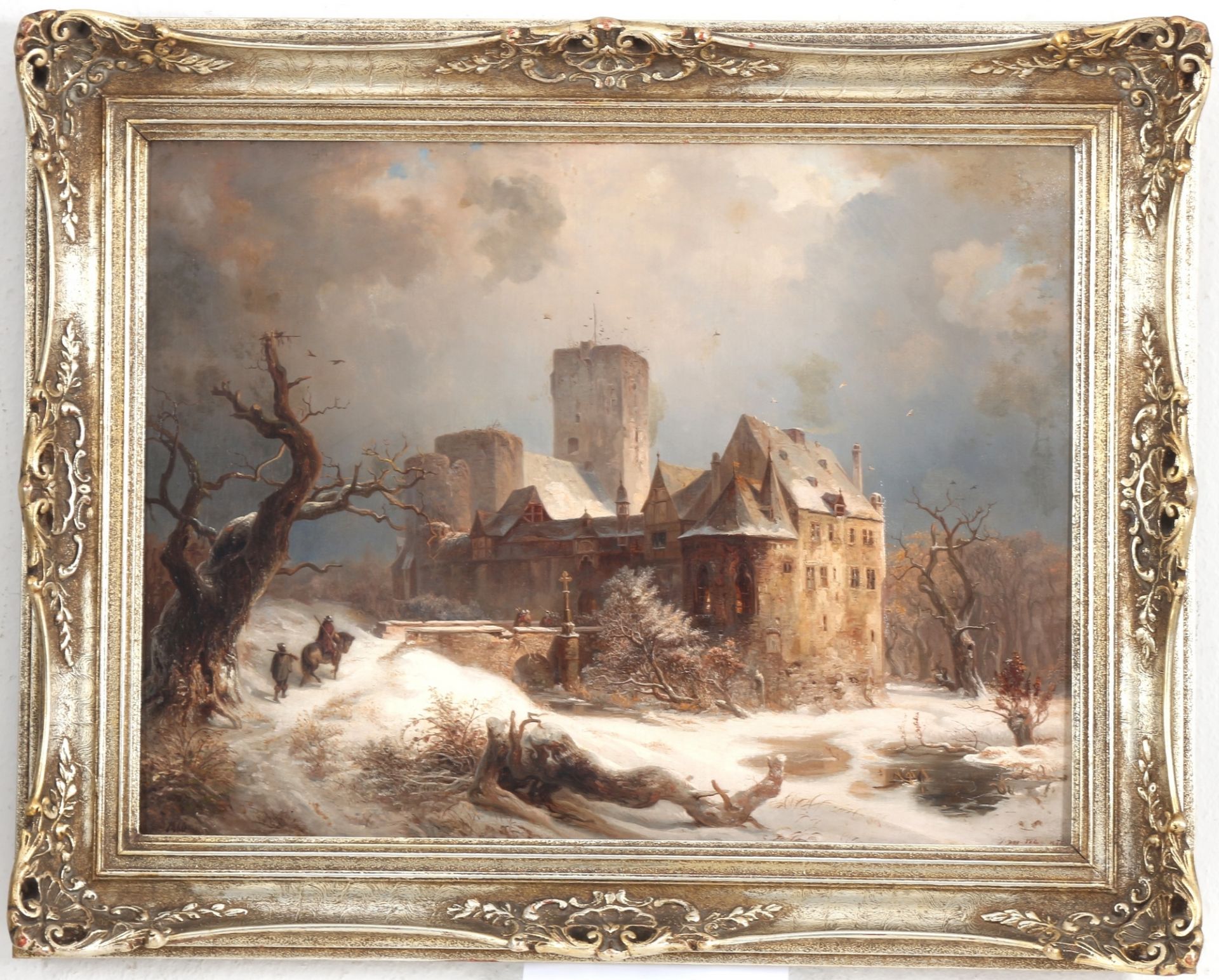 Unbekannter Maler des 19. Jahrhunderts winterliche Burgansicht von 1860, castle in winterlandscape, - Bild 2 aus 5