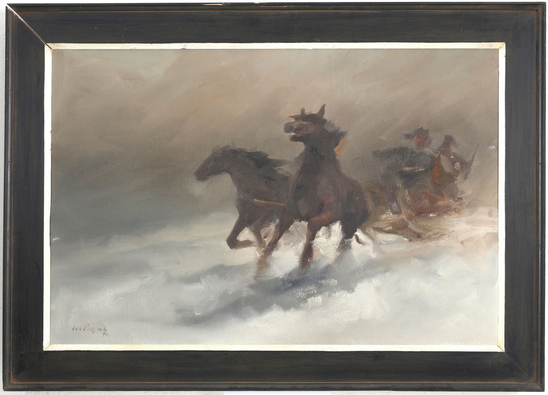 Manfred Schatz (1925-2004) Heimwärts - Pferdeschlitten in Schneelandschaft, horse-drawn sleigh, - Bild 2 aus 5