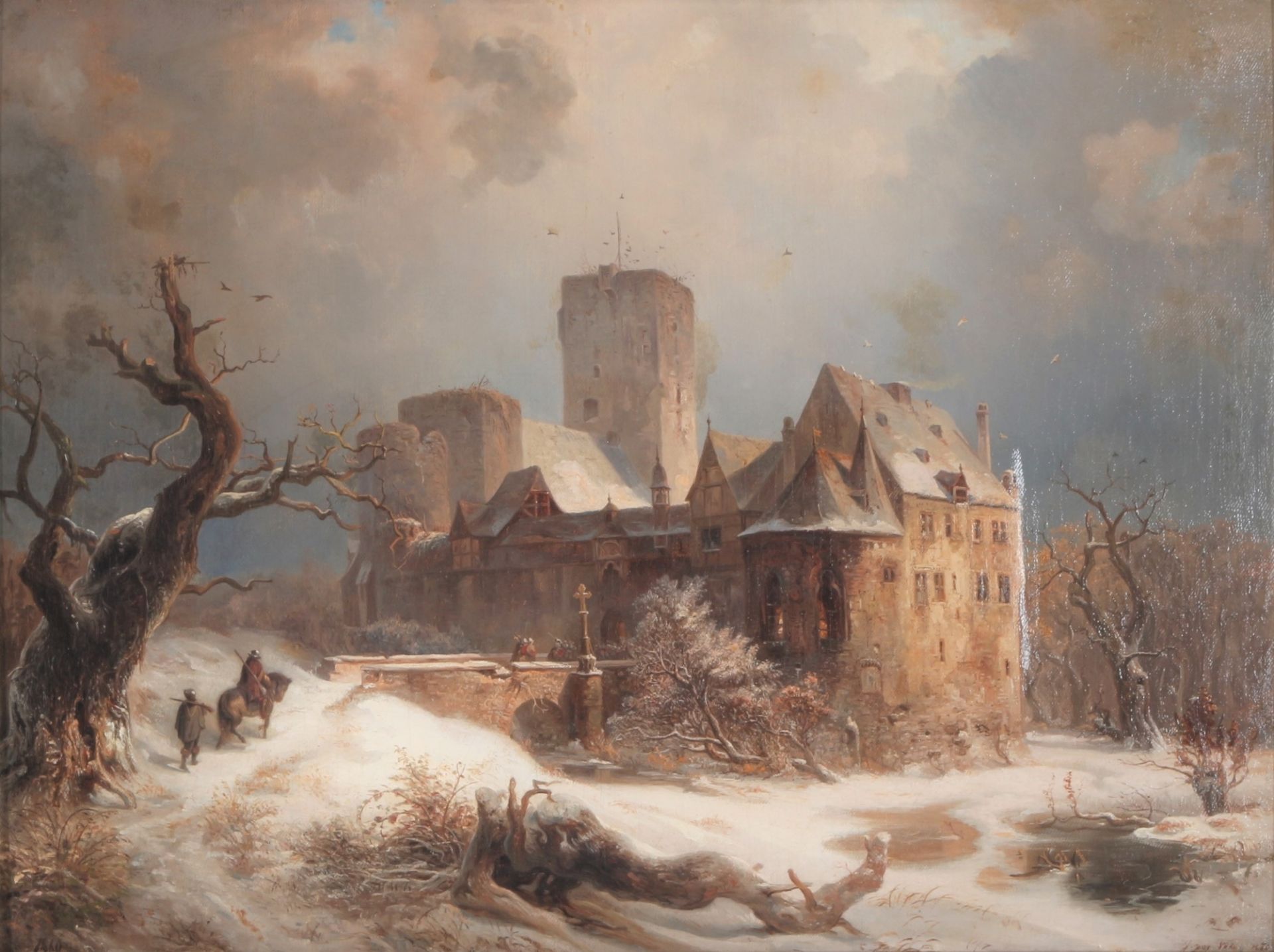 Unbekannter Maler des 19. Jahrhunderts winterliche Burgansicht von 1860, castle in winterlandscape,