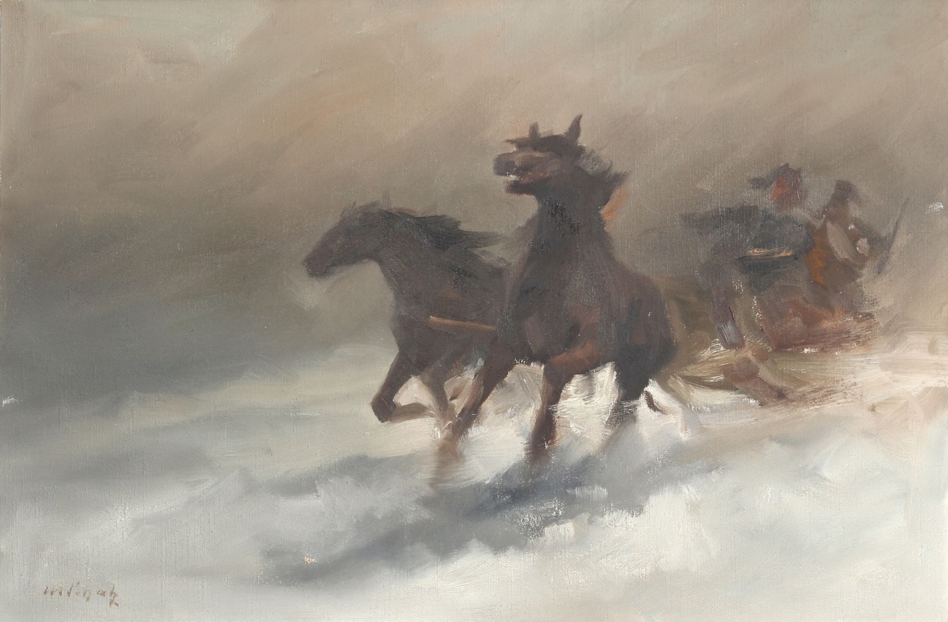 Manfred Schatz (1925-2004) Heimwärts - Pferdeschlitten in Schneelandschaft, horse-drawn sleigh,