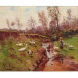 Adolf Lins (1856-1927) Enten am Bach 1924, ducks at the creek 1924,