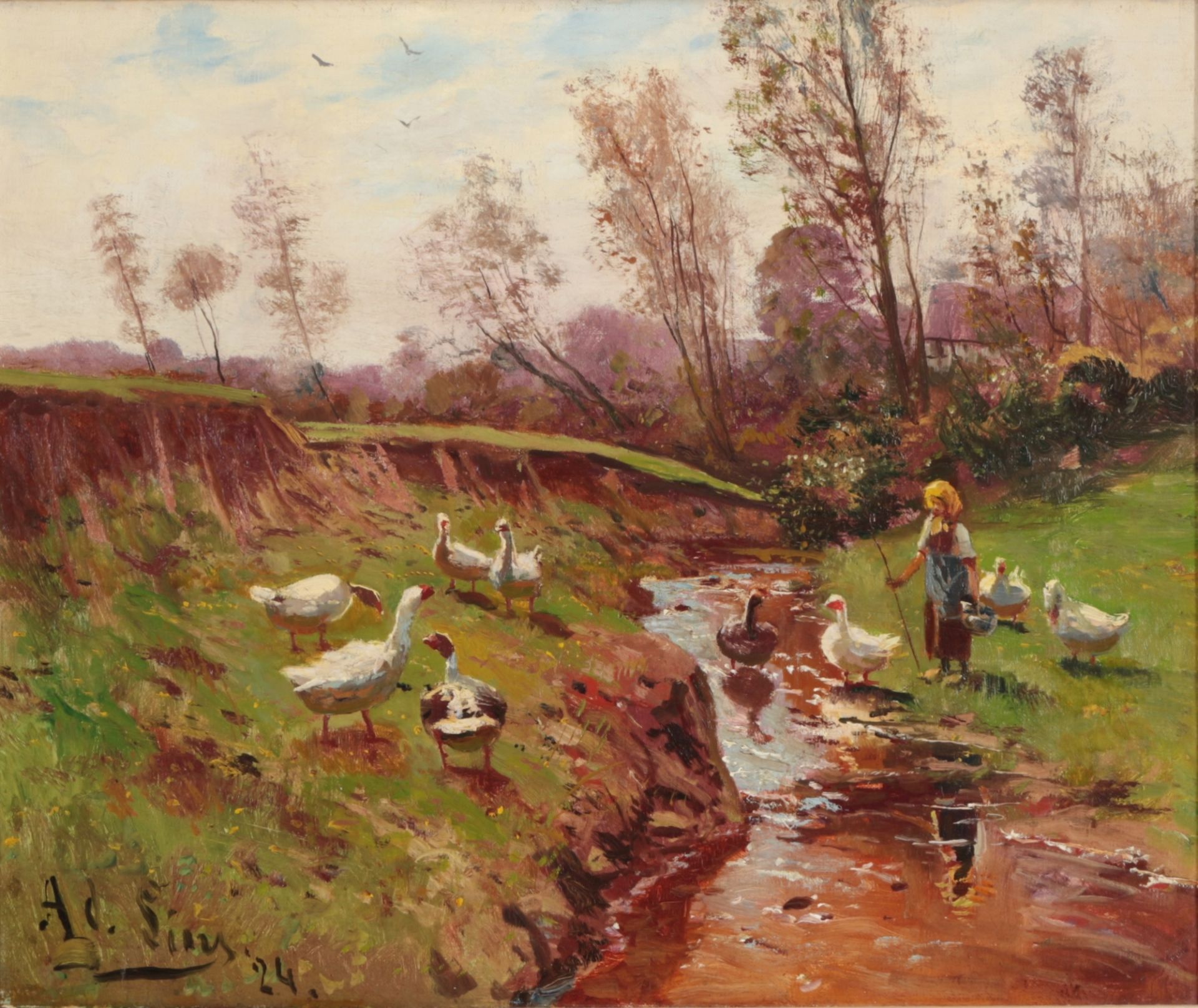 Adolf Lins (1856-1927) Enten am Bach 1924, ducks at the creek 1924,