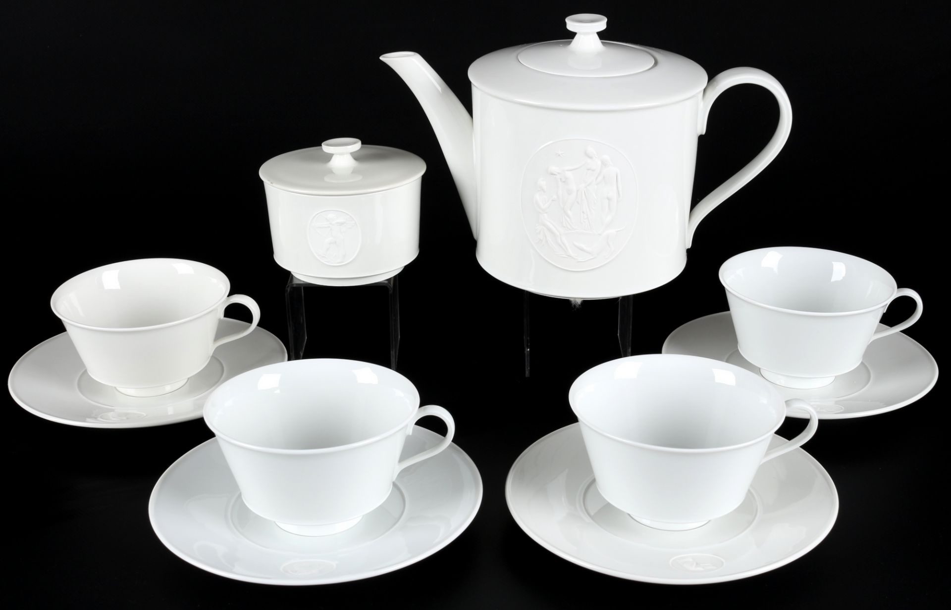 KPM Berlin Arkadia 4 Teetassen mit Teekanne und Zuckerdose, tea cups pot,