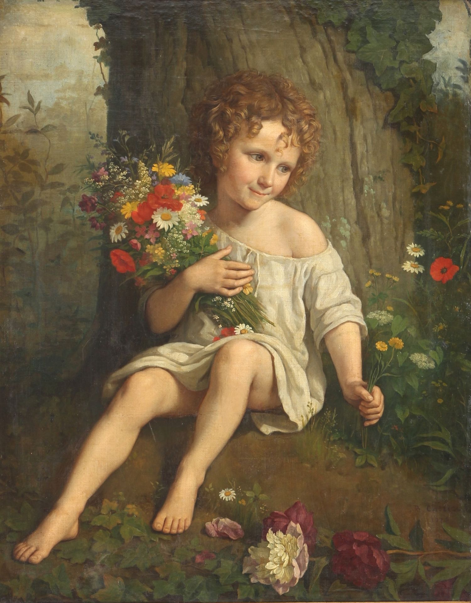 Bruno Joseph Cherier (1819-1880) Kinderportrait Mädchen mit Blumenstrauß, girl with flower bouquet,