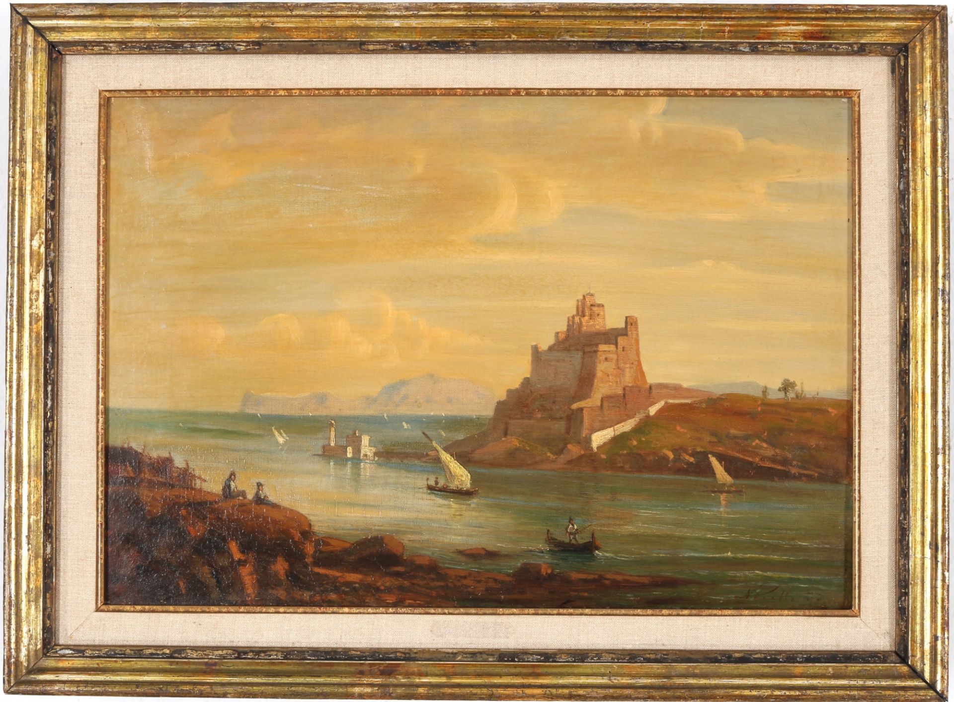 Sebastiano Novelli (1853-1916) italienischer Hafer mit Burgansicht 1877, italian port with castle, - Bild 2 aus 4