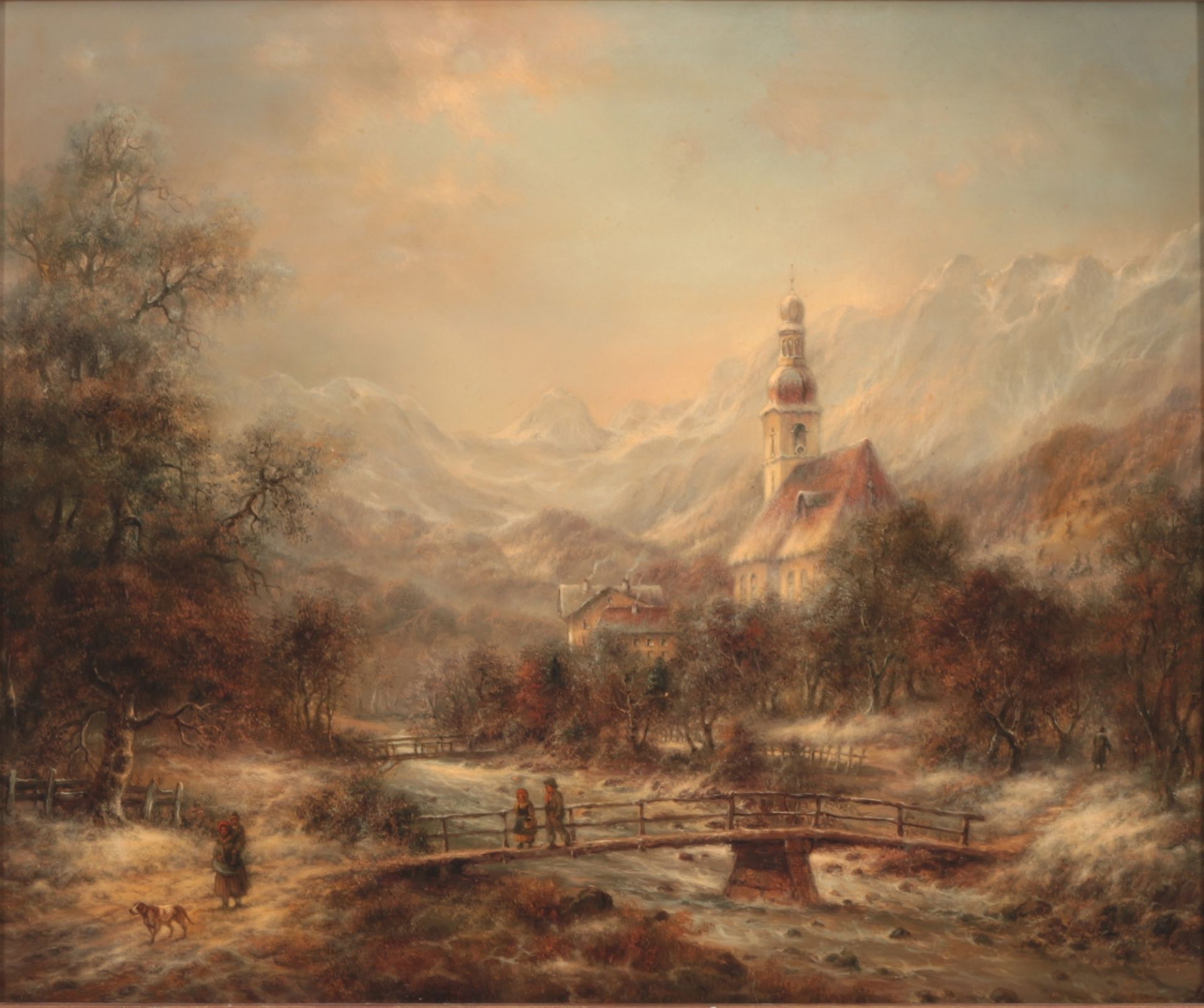 Unbekannter Maler Alpenlandschaft mit Kirche am Flusslauf, unknown painter alpine landscap