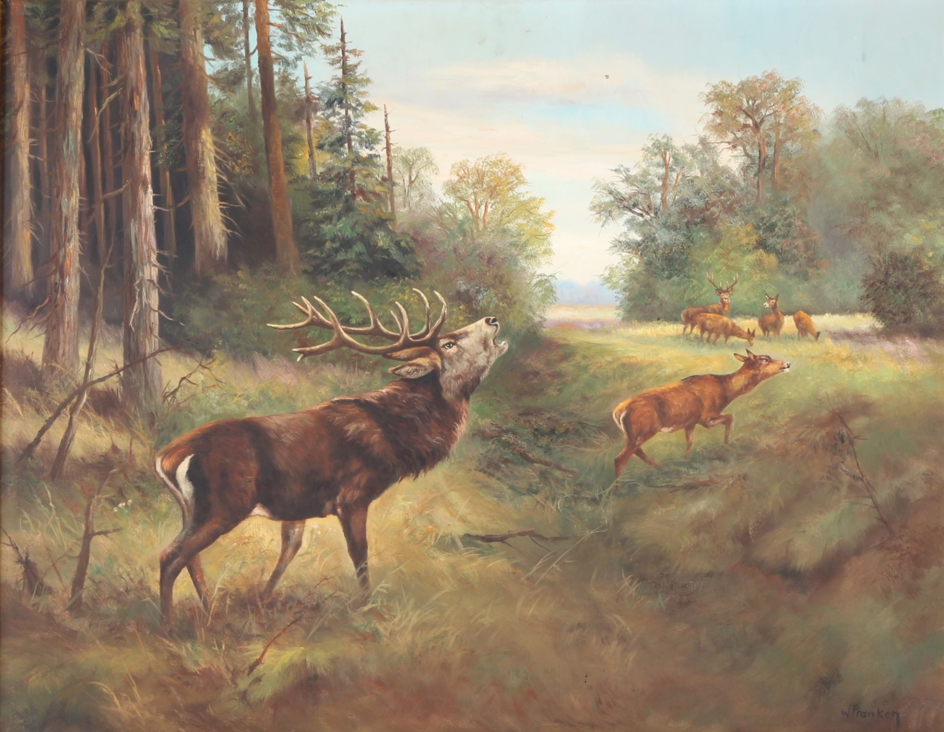 Willy Franken (1911-1984) Hirschrudel auf Waldlichtung, herd of stags at forest glade,