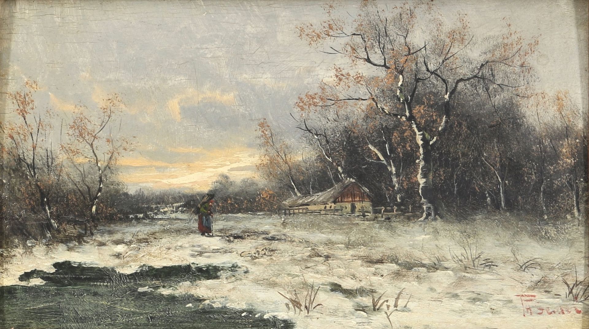 F.H. Seidel - Bäuerin in verschneiter Winterlandschaft um 1900, farmwoman in snowy winterlandscape,