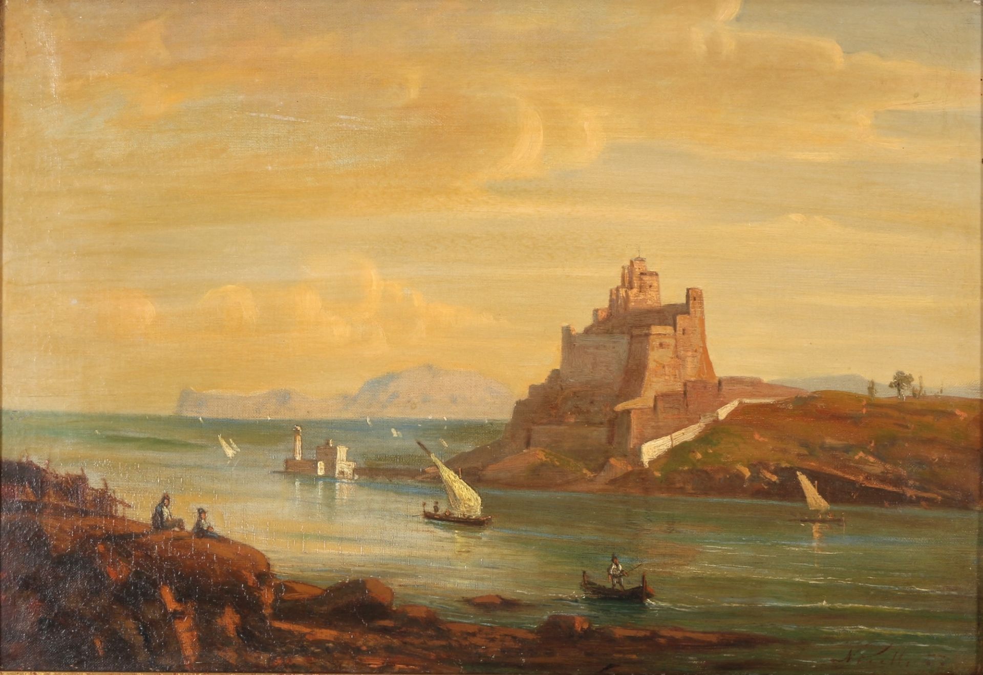 Sebastiano Novelli (1853-1916) italienischer Hafer mit Burgansicht 1877, italian port with castle,