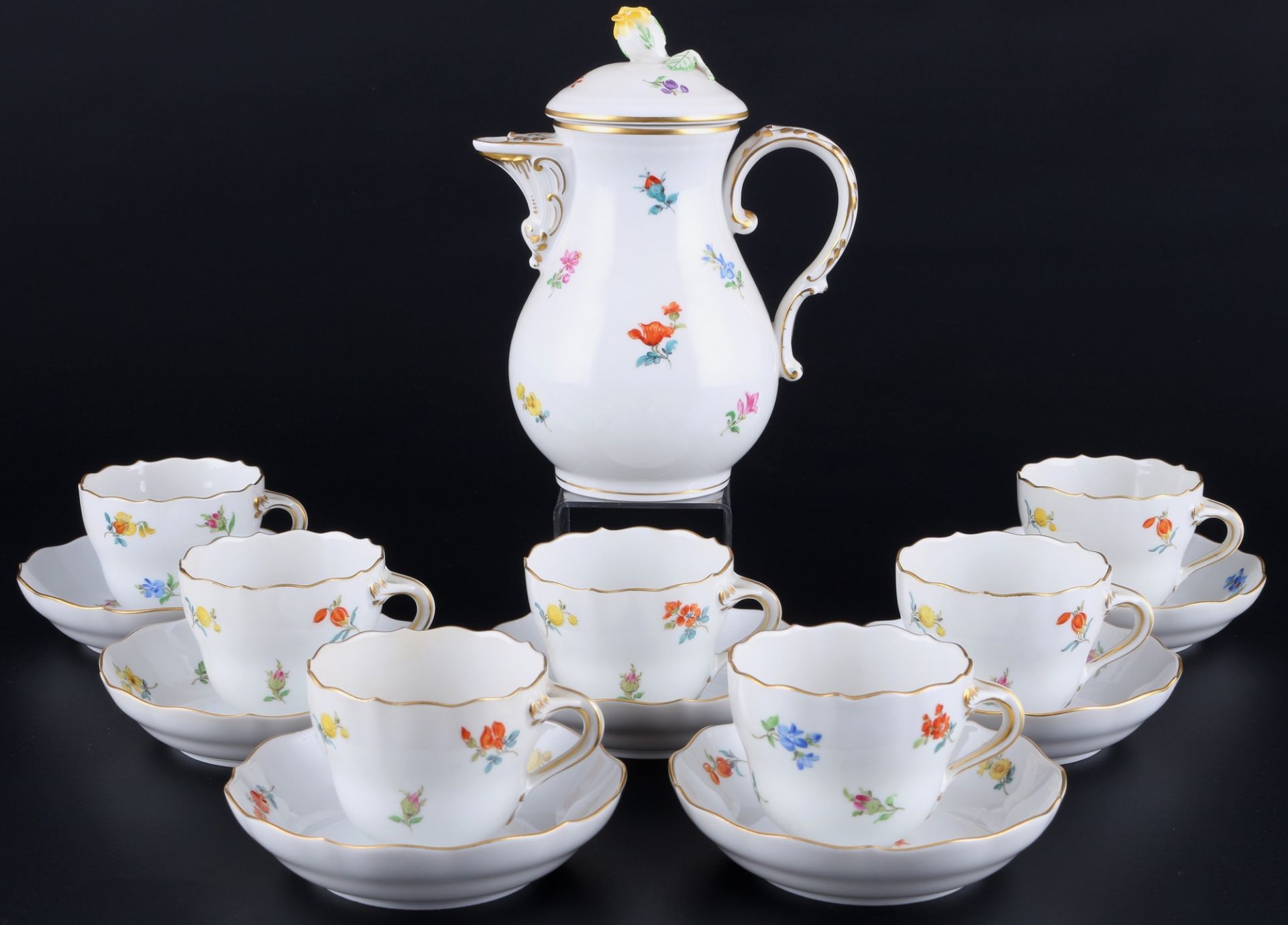 Meissen Streublümchen Mokkakanne mit 7 Mokkatassen, mocha coffee service for 7 pers.,