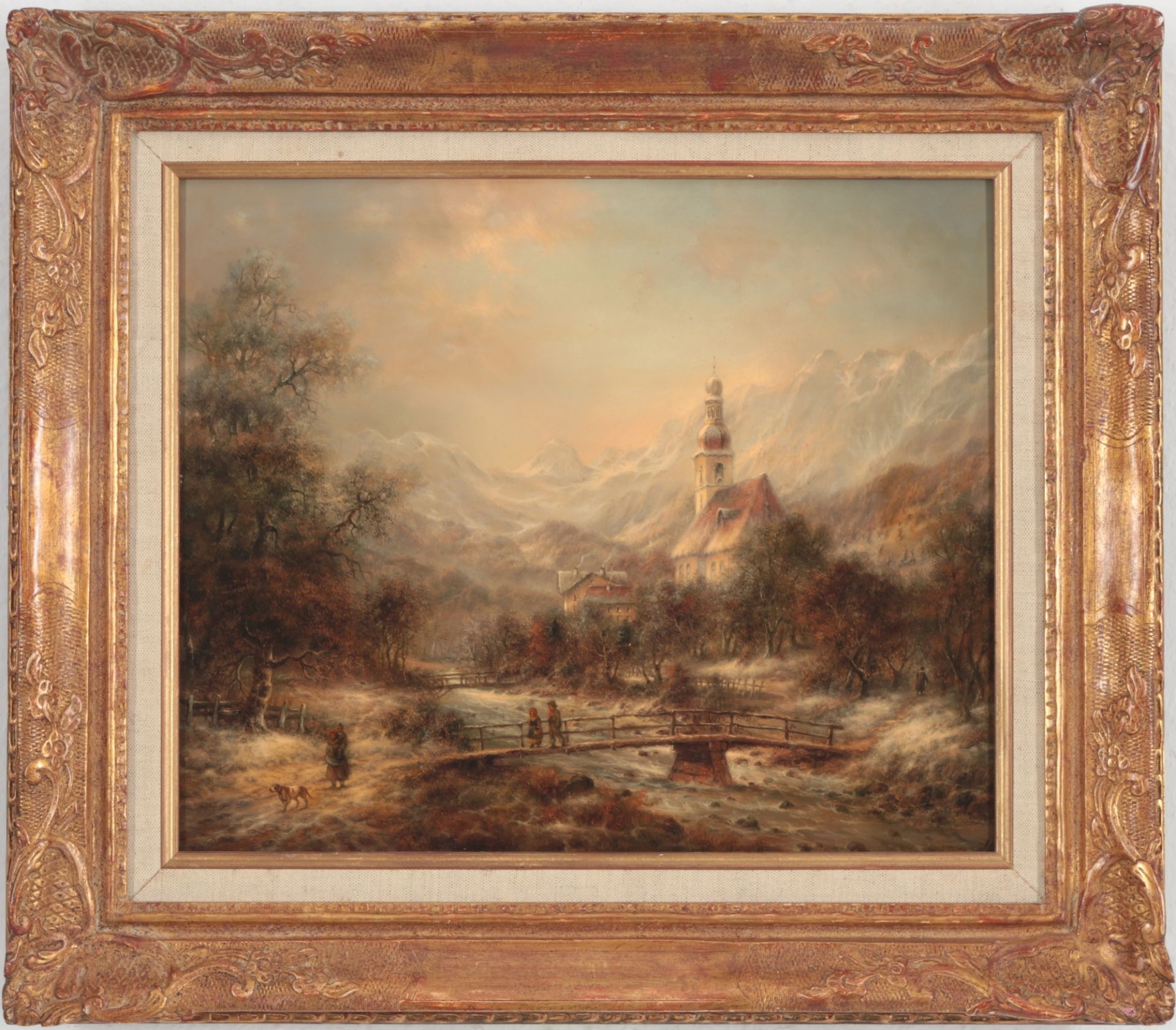 Unbekannter Maler Alpenlandschaft mit Kirche am Flusslauf, unknown painter alpine landscap - Bild 2 aus 4