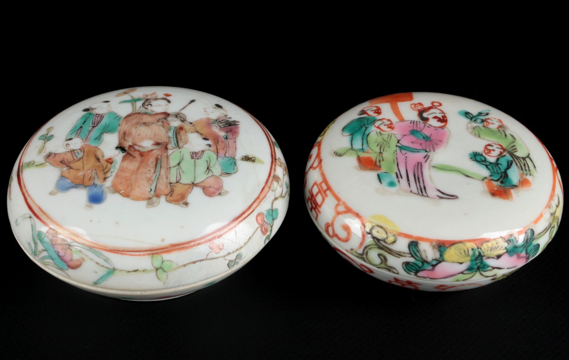 China 2 Deckeldosen Qing Dynasty, chinese lid boxes figural painting,